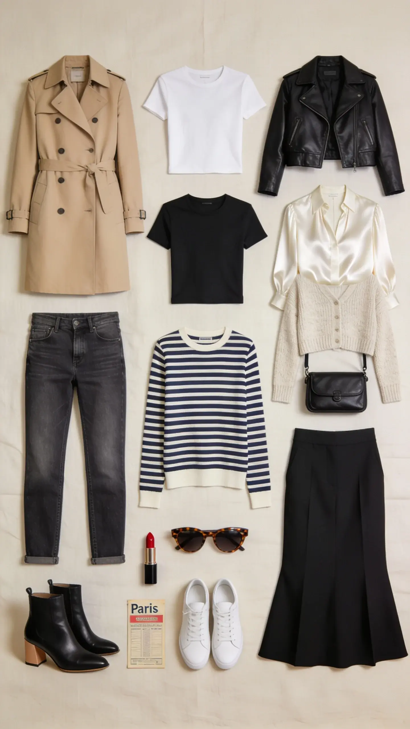 A neatly arranged flat lay on a neutral linen background featuring a classic beige tailored trench coat, a black cropped leather jacket, a white tee, black tee, silk ivory blouse, navy-and-cream Breton striped long-sleeve, fine-knit oatmeal cardigan, straight-leg medium-wash jeans, black tailored trousers, a black midi slip skirt, low-heeled black leather ankle boots, white minimalist sneakers, a small black leather crossbody bag, tortoiseshell sunglasses, a red lipstick, and a Paris Métro ticket.
