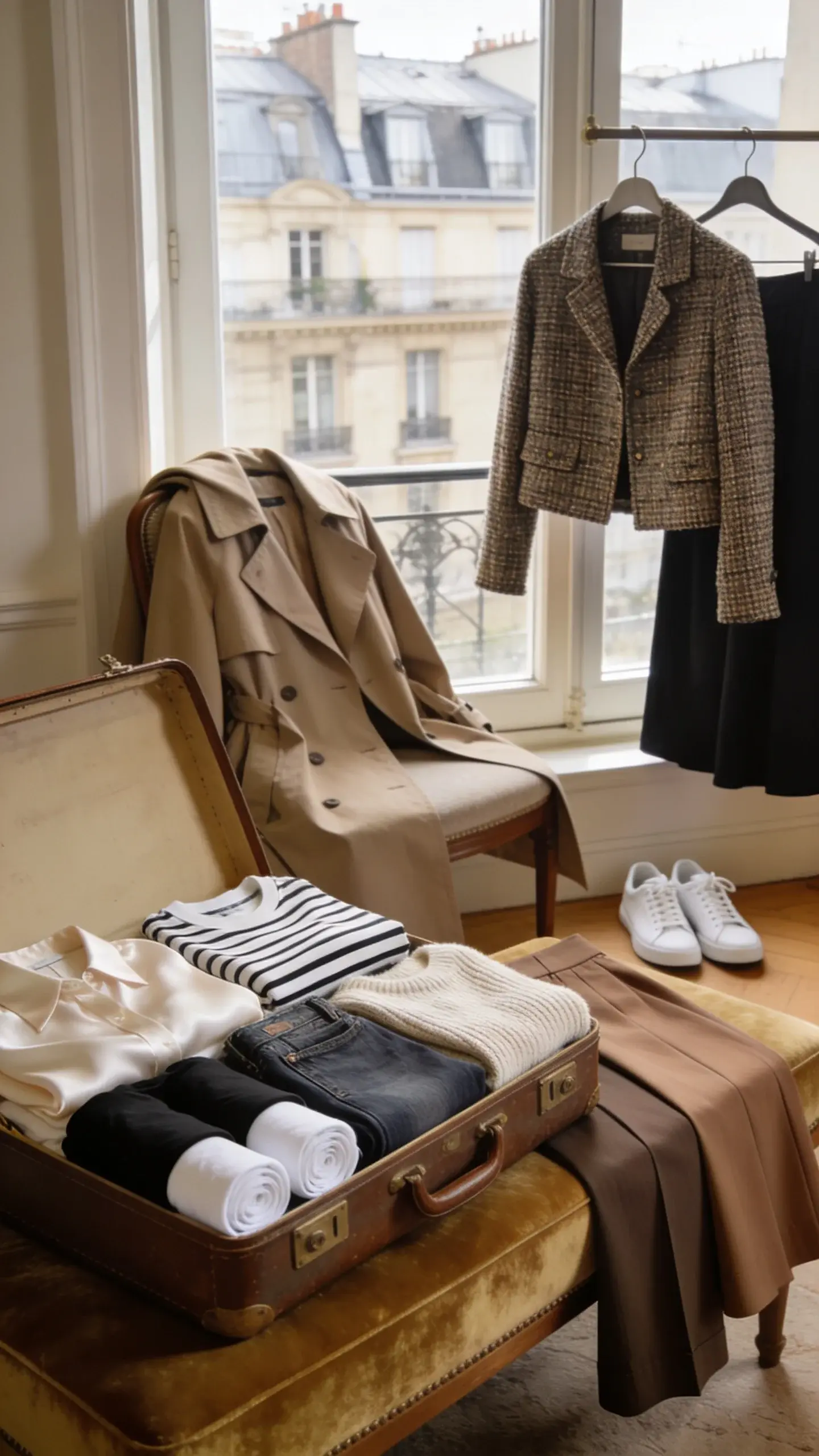 A chic Parisian hotel room scene with soft morning light: an open vintage suitcase on a velvet bench showing carefully rolled tees (white and black), a folded silk blouse, striped Breton top, fine-knit sweater, straight-leg jeans, trousers, and a midi skirt; trench coat draped over a chair, cropped tweed jacket on a hanger, and a pair of white sneakers by the window overlooking Haussmann rooftops.