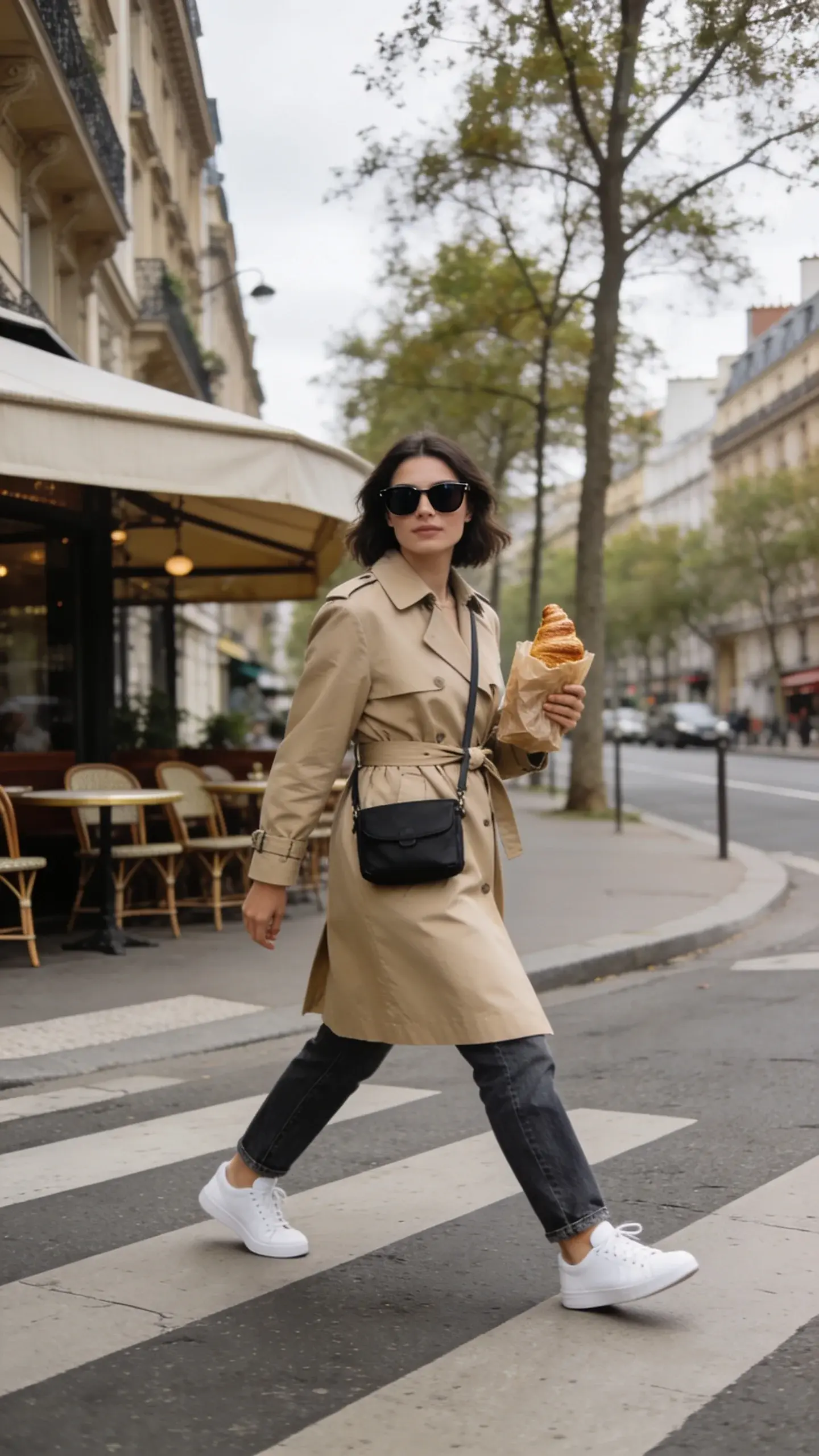 A stylish woman crossing a Paris street near a café terrace: wearing a beige trench belted, straight-leg jeans, white sneakers, sunglasses, and carrying a small black crossbody bag; a croissant bagged in one hand, tree-lined boulevard and classic Parisian façades in the background, overcast soft light.