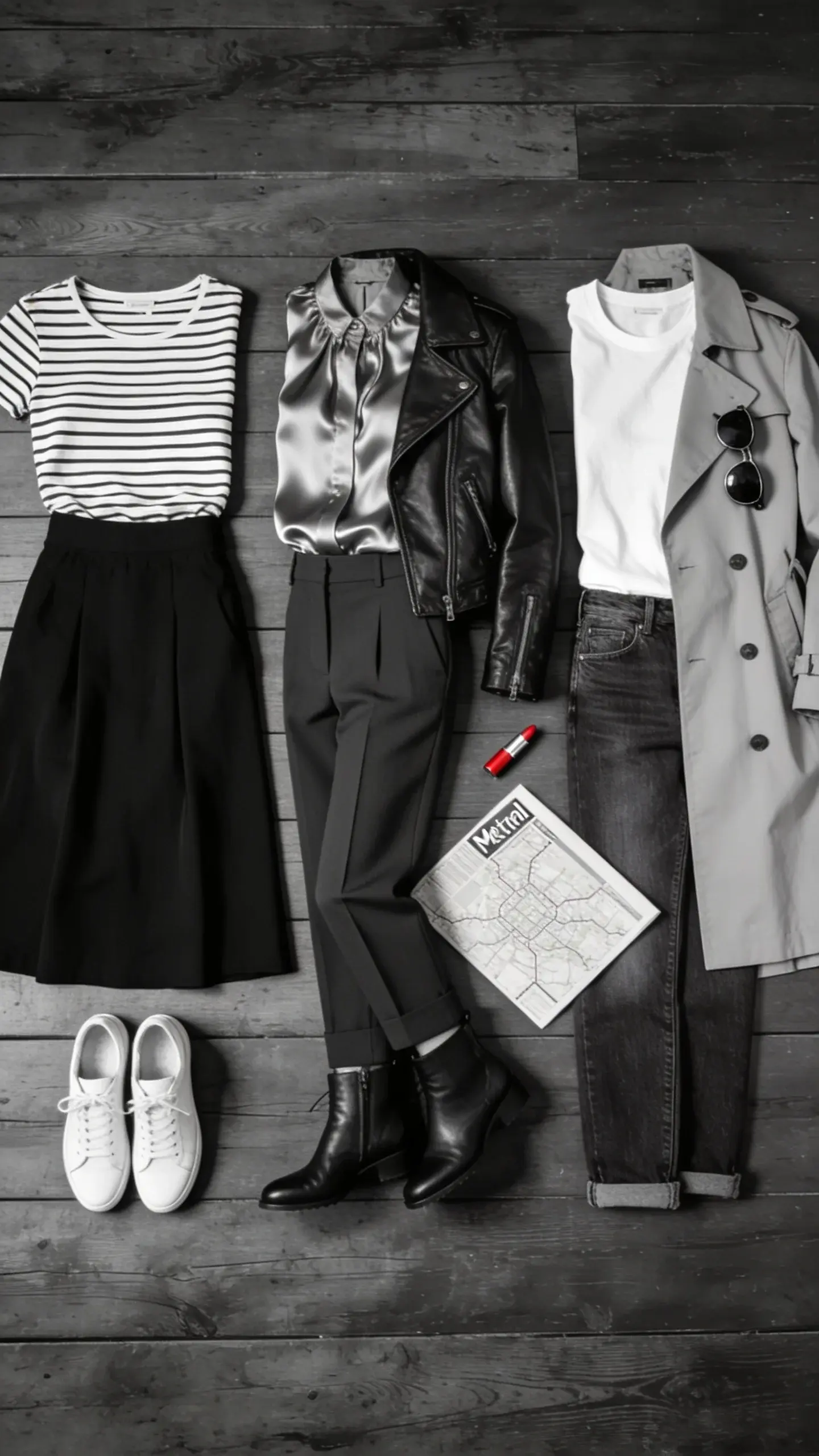 Flat lay of mix-and-match monochrome outfits on a dark wooden floor: three outfits arranged side-by-side—(1) Breton top + black midi skirt + white sneakers; (2) silk blouse + tailored trousers + ankle boots + leather jacket; (3) white tee + straight-leg jeans + trench + sunglasses—small details like a red lipstick and metro map placed artfully.
