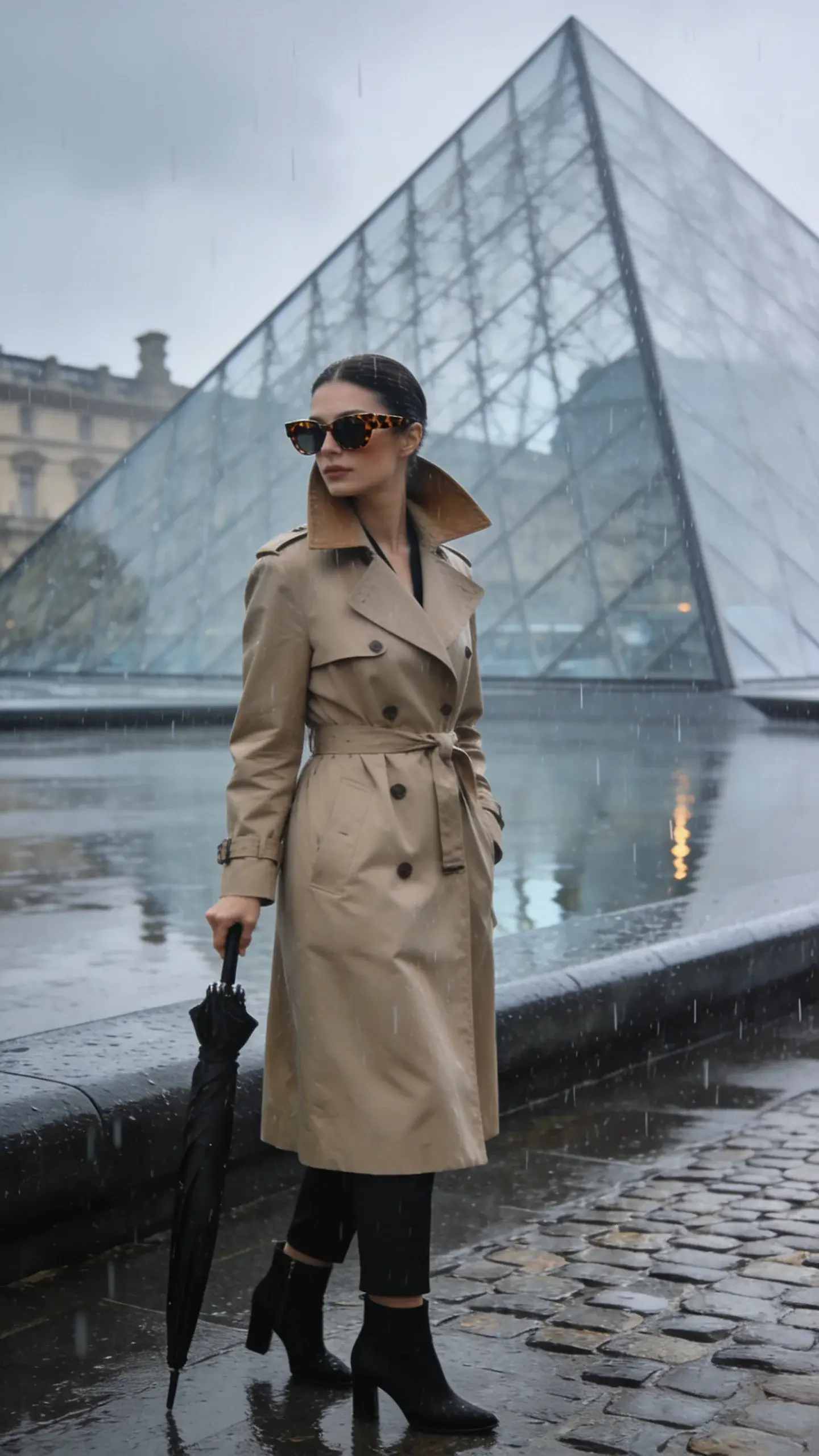Rainy afternoon near the Louvre pyramids: a woman in a classic beige trench with the collar popped, black tailored trousers, ankle boots, holding a compact black umbrella, sleek hair and tortoiseshell sunglasses; wet cobblestones reflecting the glass pyramid and gray sky.