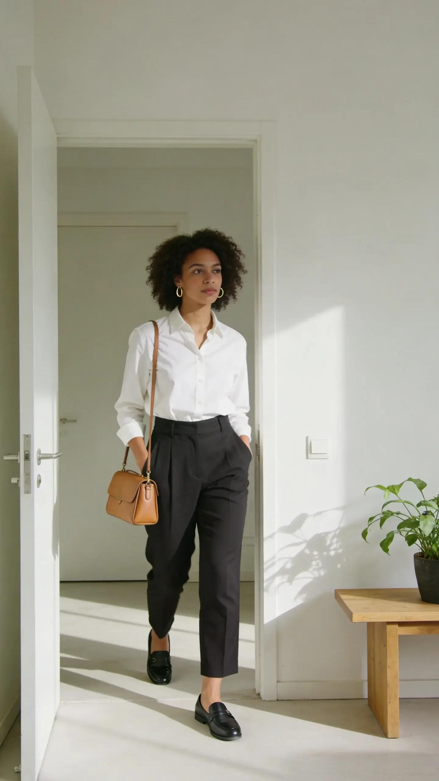 A well-lit, minimalist entryway scene: a woman in her late 20s with medium-brown skin and natural curls enters a sunlit apartment wearing a crisp white button-down, tailored high-waisted black trousers, and low black loafers; she carries a small structured tan leather bag, no visible logos; delicate gold hoop earrings; muted color palette (white, black, tan), soft morning light, clean lines, uncluttered space with a single plant and a simple wooden bench.