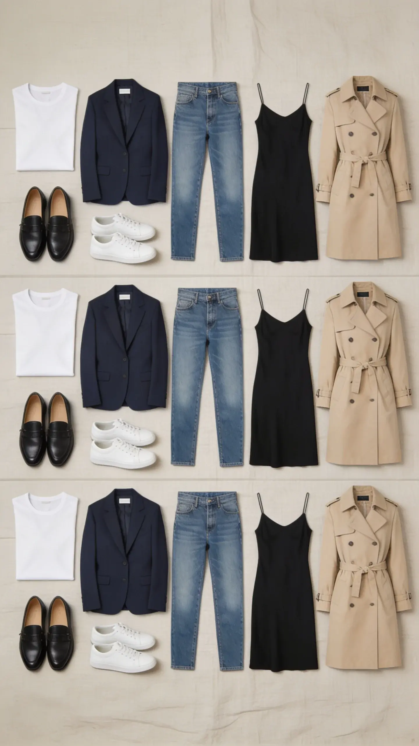 A flat lay on a linen backdrop showing “clarity, constraint, consistency”: three outfits built from the same core pieces—white tee, navy blazer, straight-leg denim, black slip dress, beige trench, black loafers, white sneakers; each outfit arranged in a neat grid with only 5–6 items; neutral tones, subtle textures (cotton, wool, leather), no branded tags visible, soft overhead diffused light.