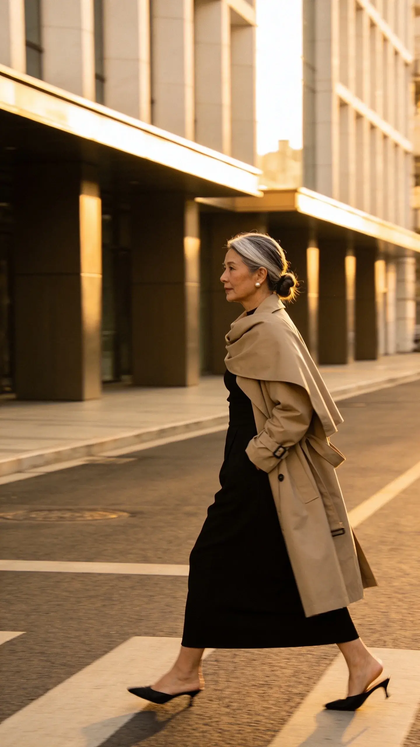 Street style moment at golden hour: a woman in her 40s with silver-streaked hair in a low bun crosses a quiet city street; beige trench coat draped over a black column dress, minimal black slingback heels; single pearl stud earrings; hands tucked casually in pockets; clean architecture lines behind her, warm light, zero signage or text.