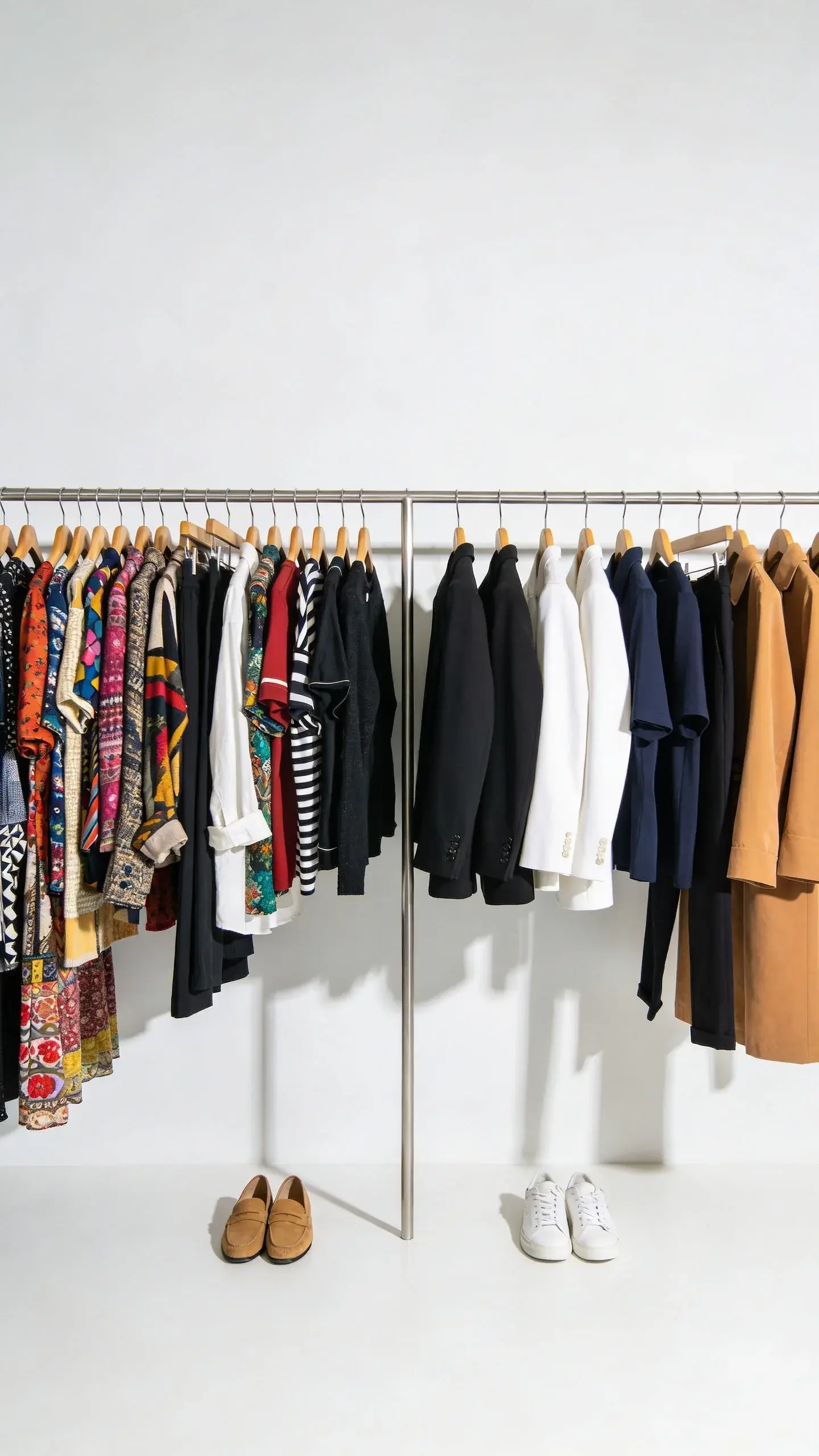 Before-and-after wardrobe rail: left side crowded with eclectic, colorful, trendy pieces; right side edited to a coherent palette (black, white, navy, camel) with superior fabrics and simple cuts; wooden hangers evenly spaced; a single pair of tan loafers and white sneakers neatly below; bright, natural studio light; shot wide to emphasize the “edit.”