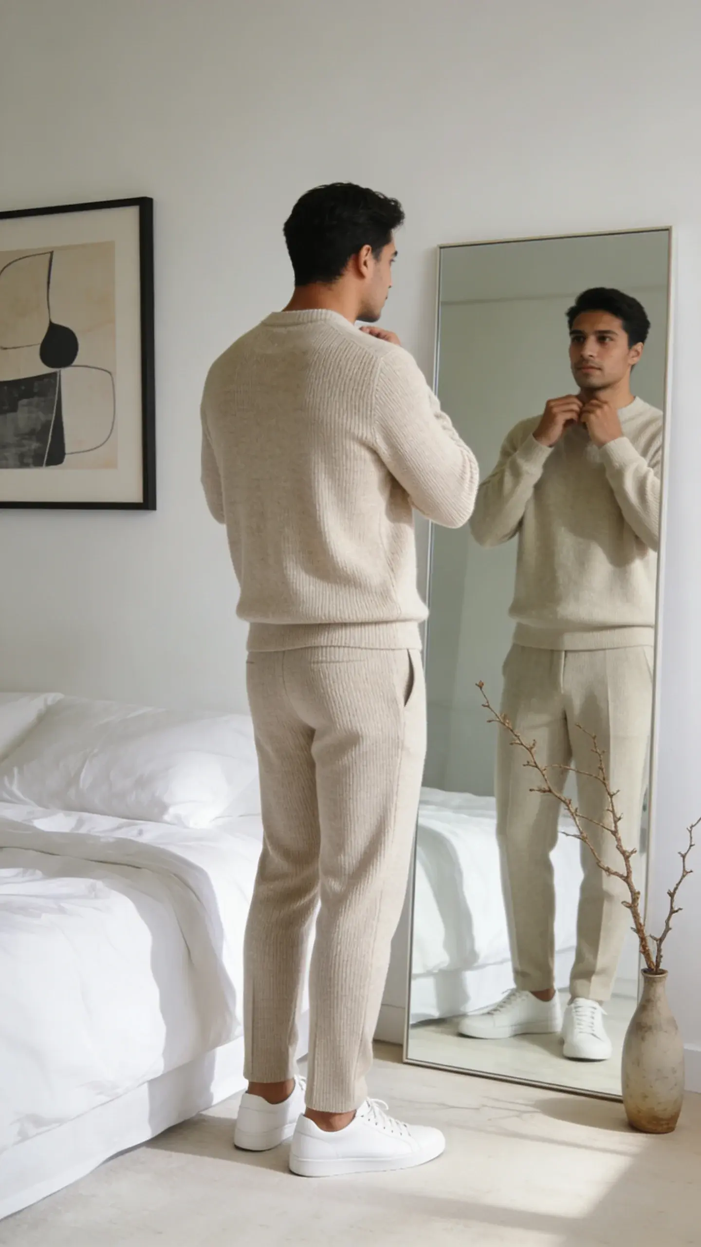 Mirror check in a serene bedroom: a person in their early 30s, medium build, wearing a monochrome oatmeal-toned knit set (fine-gauge sweater and tailored knit trousers) with white minimalist sneakers; bed made with crisp white sheets, one framed abstract print on the wall, a single dried branch in a vase; morning light, calm atmosphere.