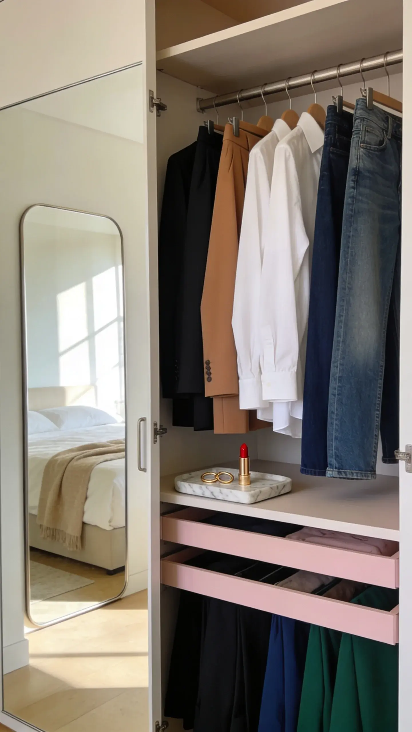 A sunlit, minimal bedroom with an open wardrobe: neatly arranged capsule closet in a neutral palette (black, white, camel, navy), a few accent pieces in soft blush and forest green, tailored trousers, crisp white shirts, straight-leg denim, gold hoops and a red lipstick on a small marble tray, and a full-length mirror reflecting a tidy bed with a beige throw—no text.