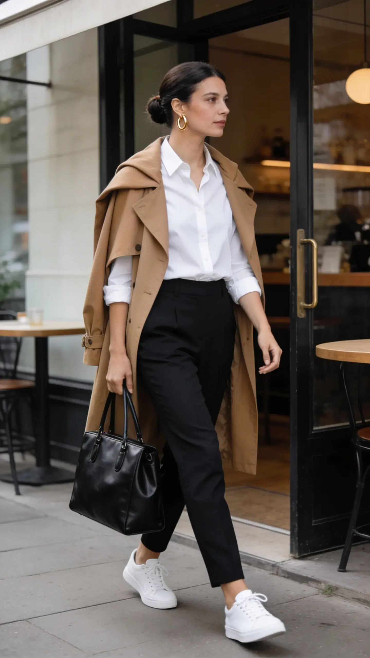 A woman in her 30s walking into a chic café, exuding confidence: classic minimal style—black tailored trousers, white crisp button-down, camel trench draped over shoulders, sleek low bun, gold hoop earrings, clean white sneakers, structured black leather tote; soft morning light, muted color palette, uncluttered background—no text.