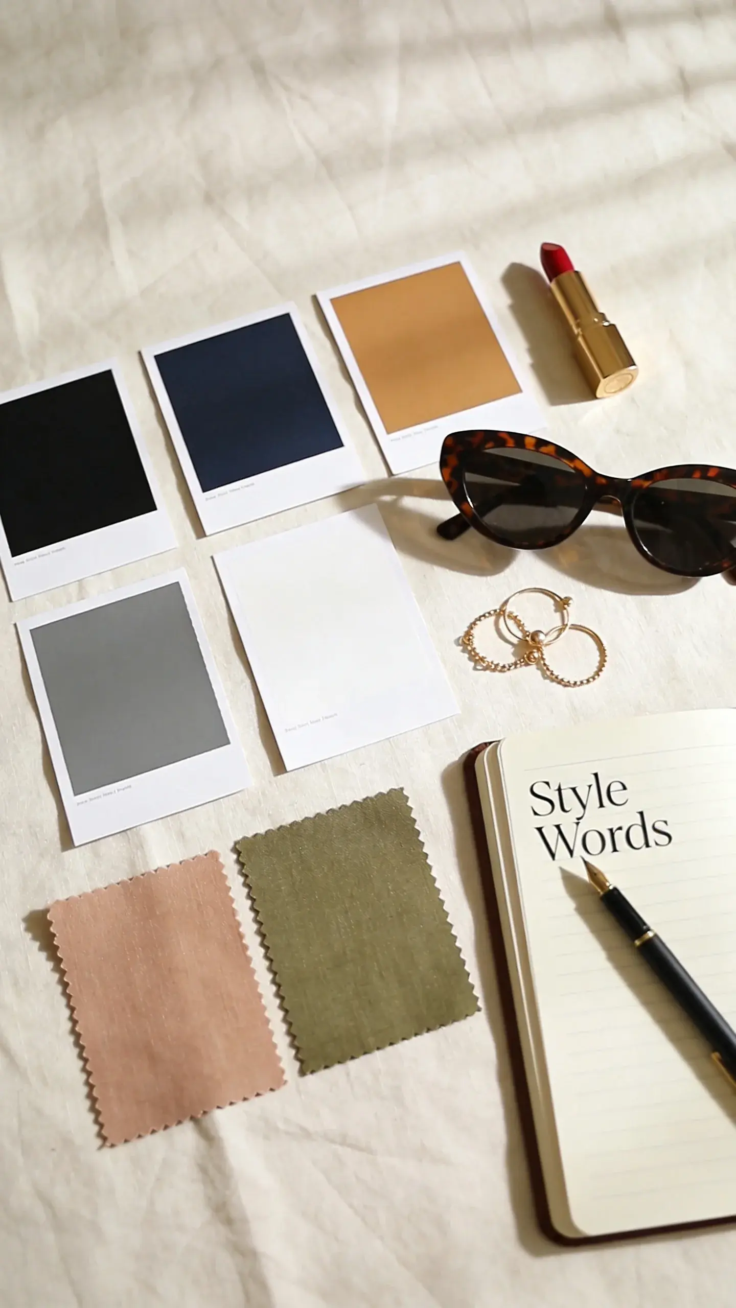 Flat lay on a cream linen backdrop: curated color swatches (black, navy, camel, gray, white) with paint chips, two accent fabric swatches (soft blush, olive), a red lipstick, delicate gold jewelry, tortoiseshell sunglasses, and a small notebook titled “Style Words” partially open with a pen placed across—no text.