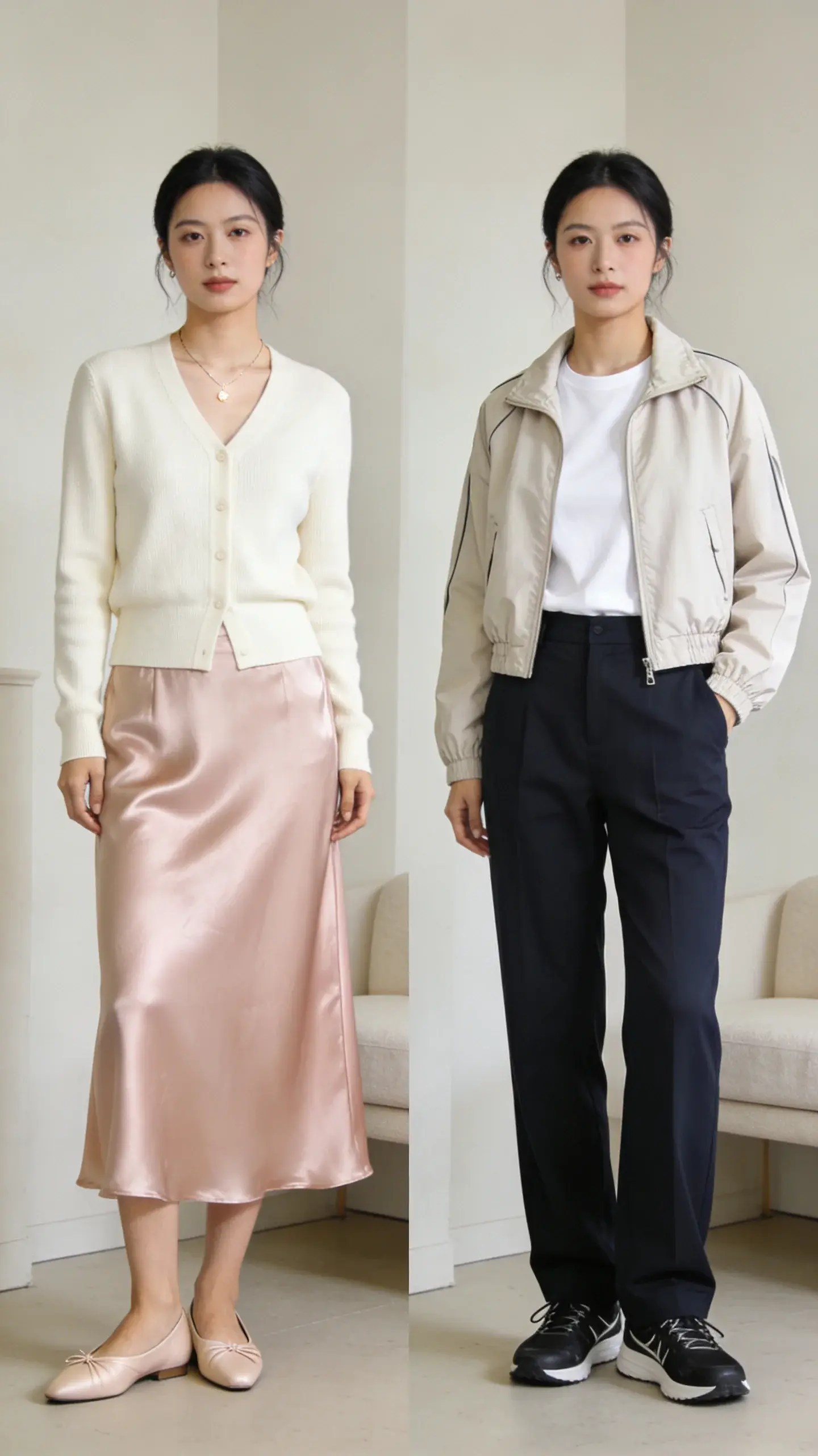 Side-by-side lookbook-style shot: left—soft romantic outfit (midi skirt in satin blush, cream cardigan, dainty necklace, ballet flats); right—sporty chic outfit (navy straight-leg trousers, white tee, lightweight bomber, sleek trainers); both on the same woman, same room, neutral background, natural light—no text.