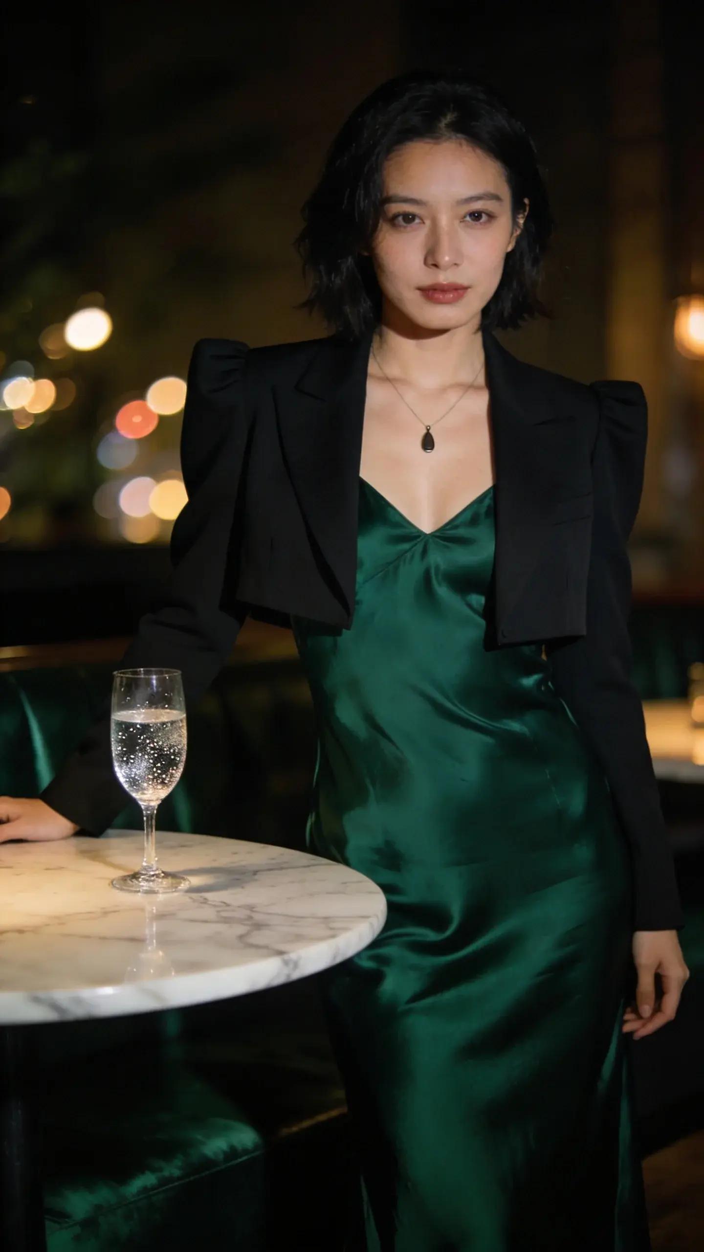 Evening look in a dimly lit lounge: woman in a satin slip dress in deep forest green, minimal pendant necklace, no glitter; one dramatic element—structured shoulders on a cropped black blazer; glass of sparkling water on a marble table; bokeh lights in the back.