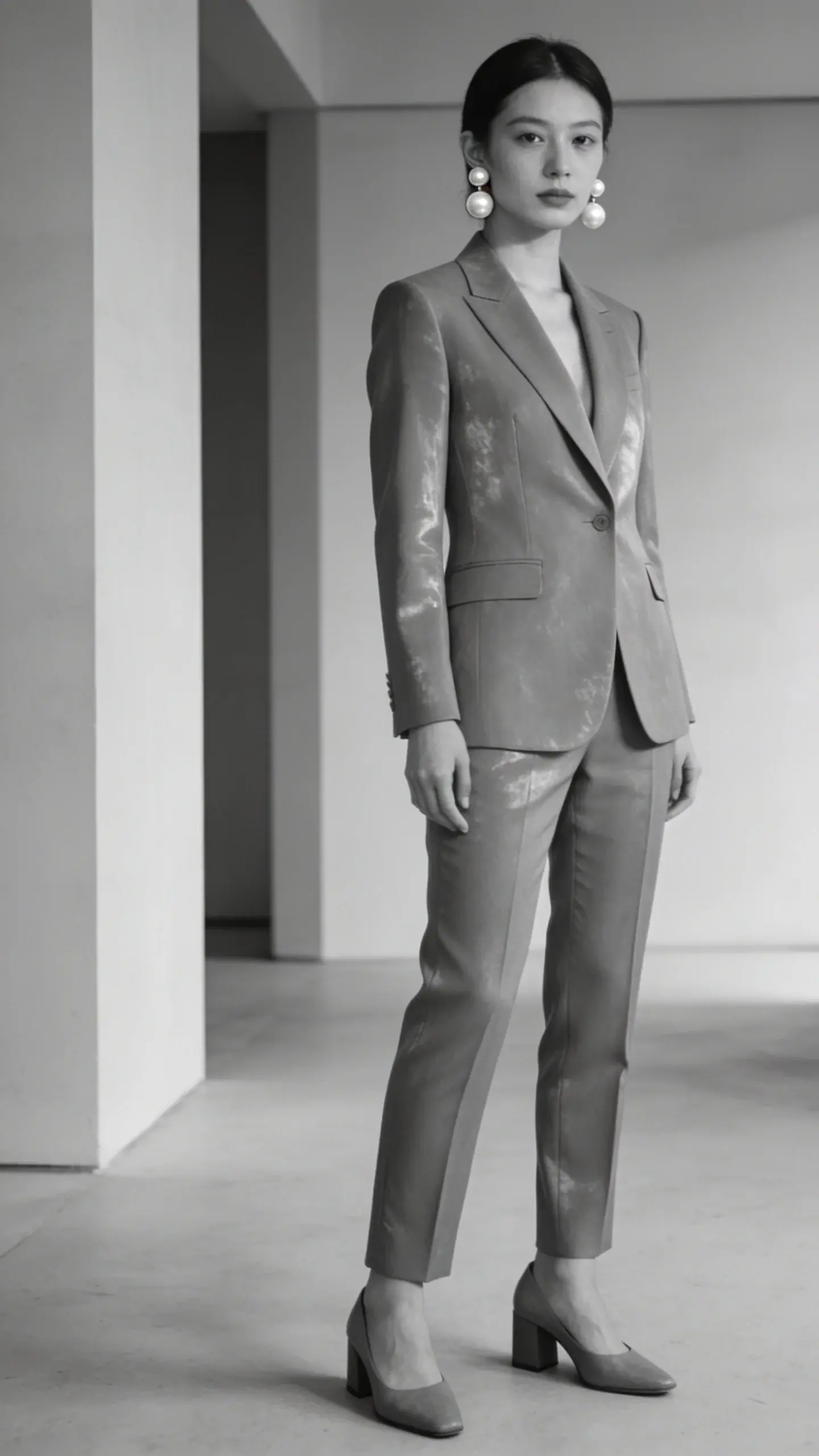 Monochrome ensemble: dove-gray tailored suit with a subtle sheen, single-breasted blazer, tapered trousers; one statement piece—oversized pearl stud earrings; low block-heel pumps in matching gray; clean architectural interior setting.