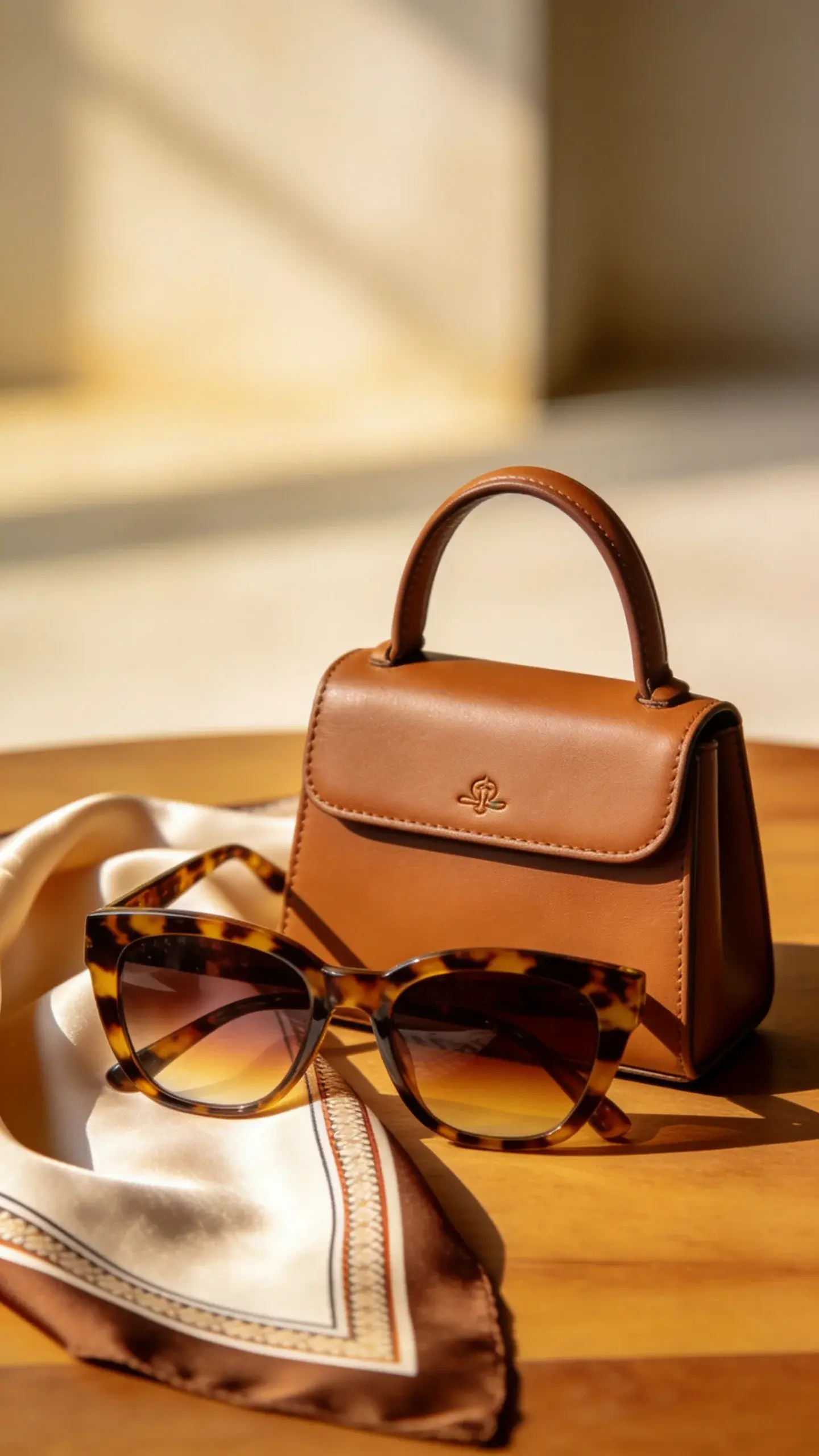 Detail shot of discreet elegance: close-up of a small leather top-handle bag with barely-there logo embossing, resting next to tortoiseshell sunglasses and a silk scarf with a simple border print; warm natural light, wooden tabletop.
