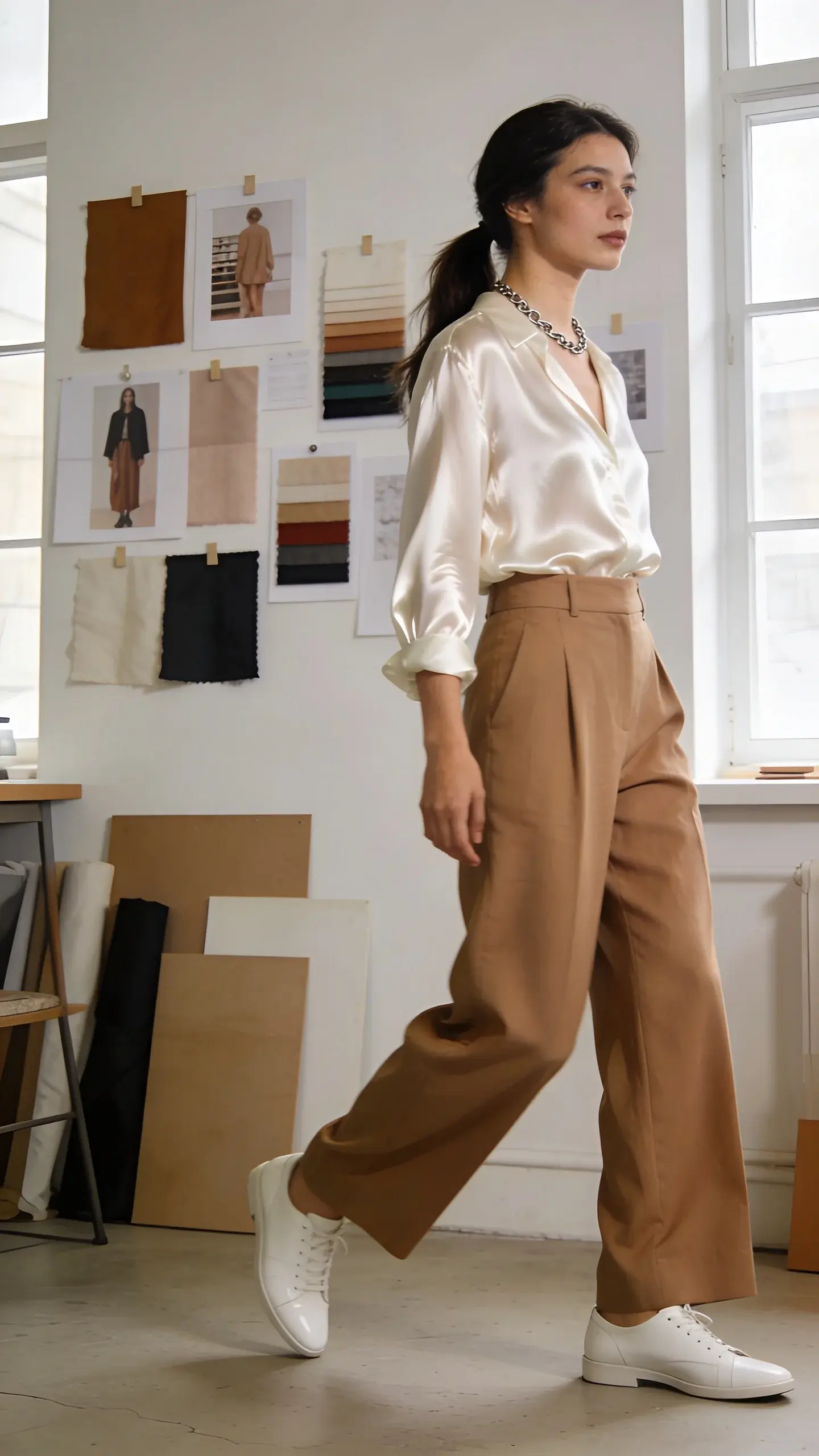 A creative studio setting with mood boards and fabric swatches; a woman in an ivory silky blouse tucked into high-waisted, wide-leg camel trousers, white sleek leather sneakers, delicate chain necklace; hair in a relaxed ponytail; natural window light, candid mid-stride vibe, contemporary aesthetic, no text.