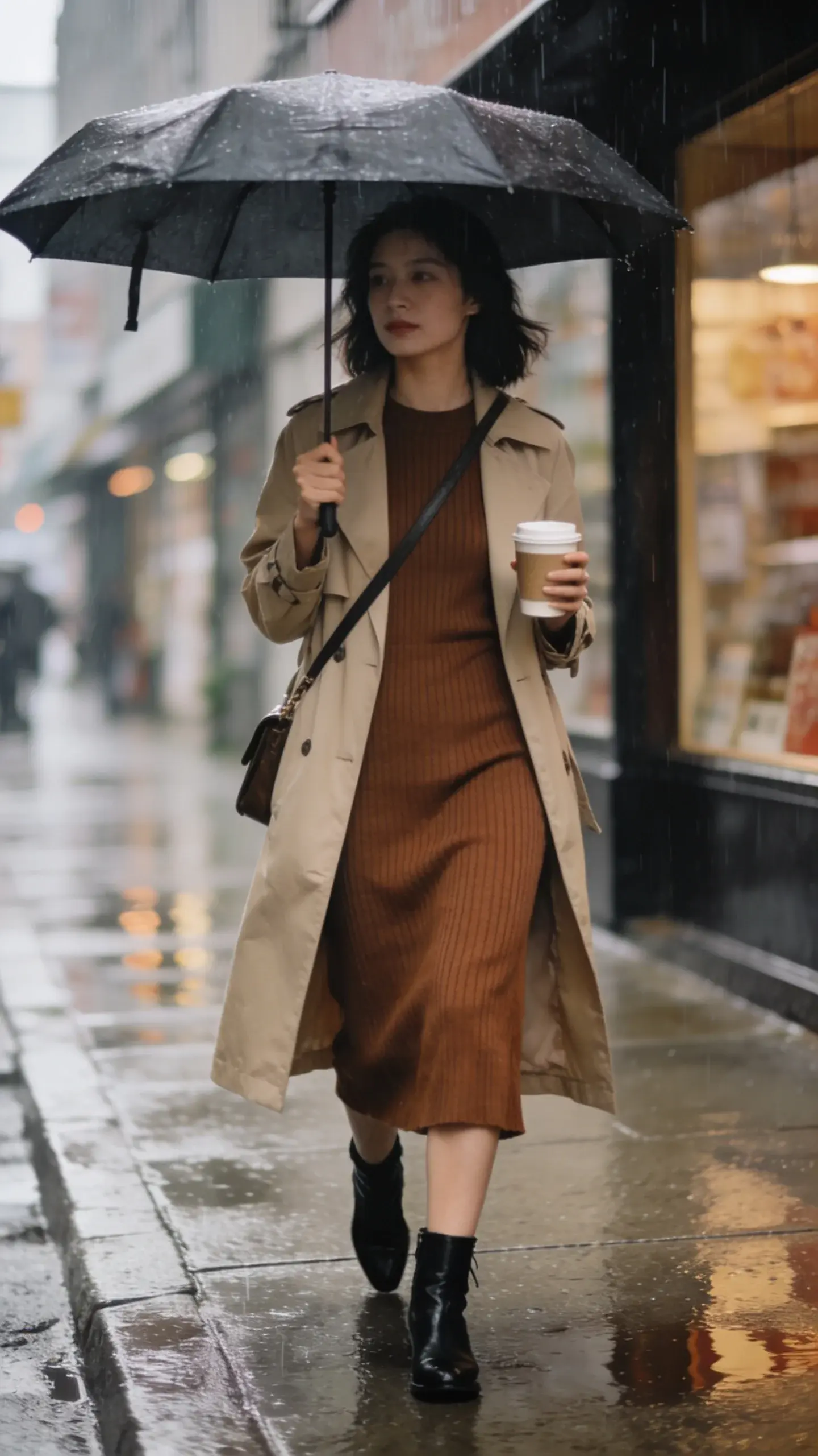 A city sidewalk on a drizzly afternoon; a woman in a ribbed cocoa-brown midi dress layered with a beige trench, black ankle boots, crossbody bag; umbrella in one hand, coffee in the other; wet pavement reflections, muted tones, effortless chic, no text.