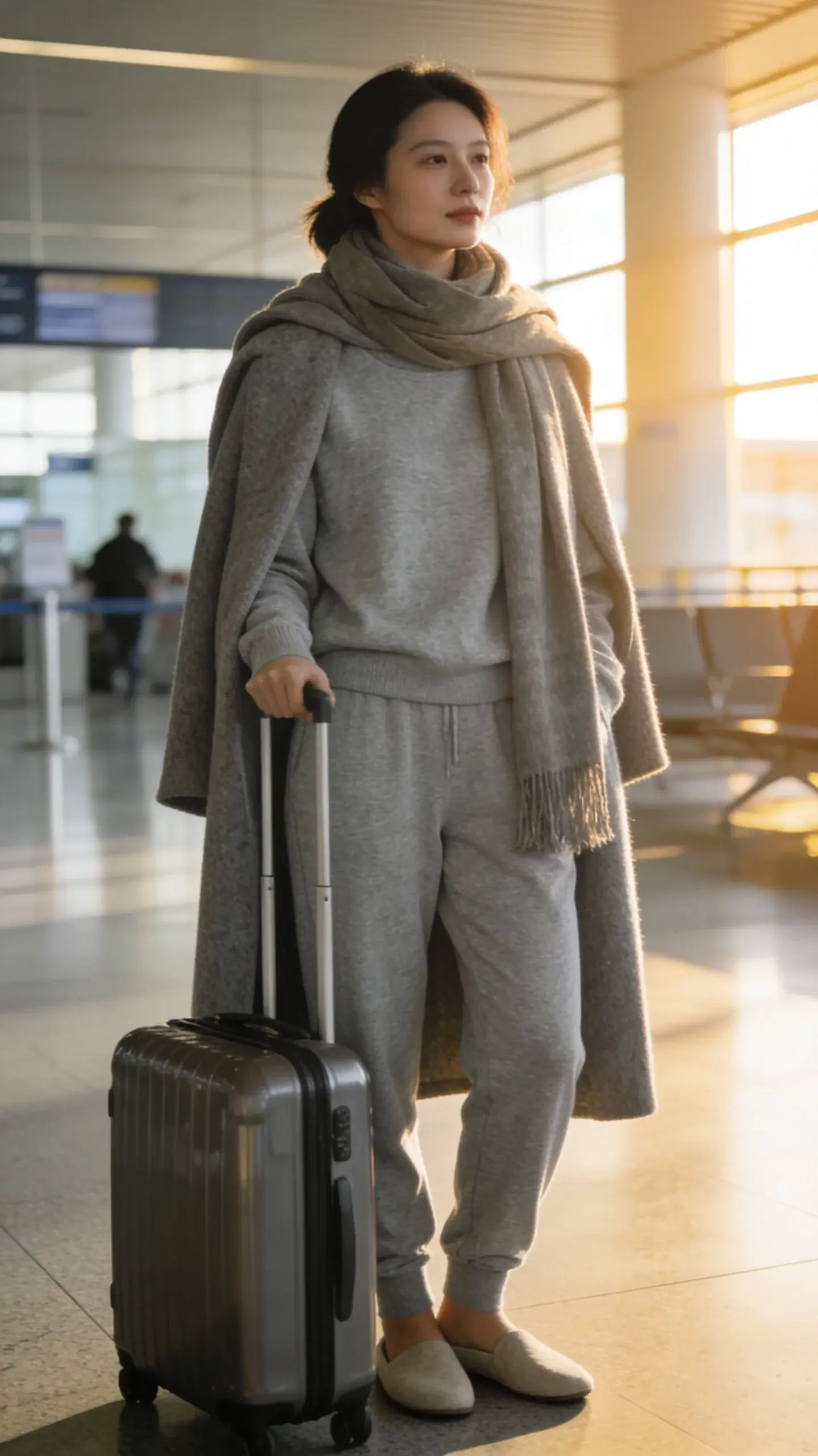 Airport terminal scene with soft sunlight; a woman in a monochrome heather-gray knit set (crewneck and matching joggers), longline wool coat draped over shoulders, minimalist comfy flats, oversized scarf, hard-shell carry-on; calm, unbothered expression; clean, airy composition, no text.