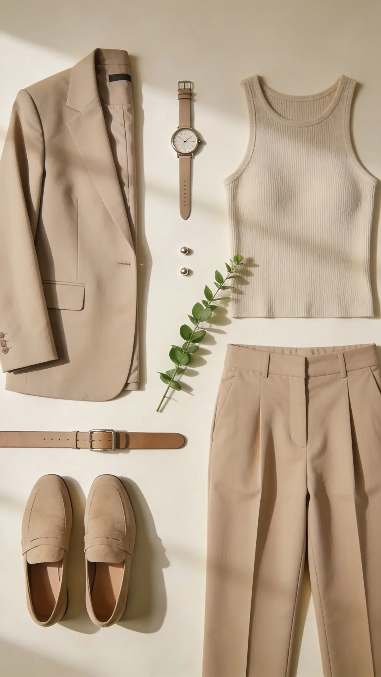 A minimalist capsule-wardrobe flat lay on a cream background: tailored blazer, knit tank, cigarette trousers, loafers, slim belt, simple studs, wristwatch; neatly arranged with a sprig of greenery; warm diffused light, no text.