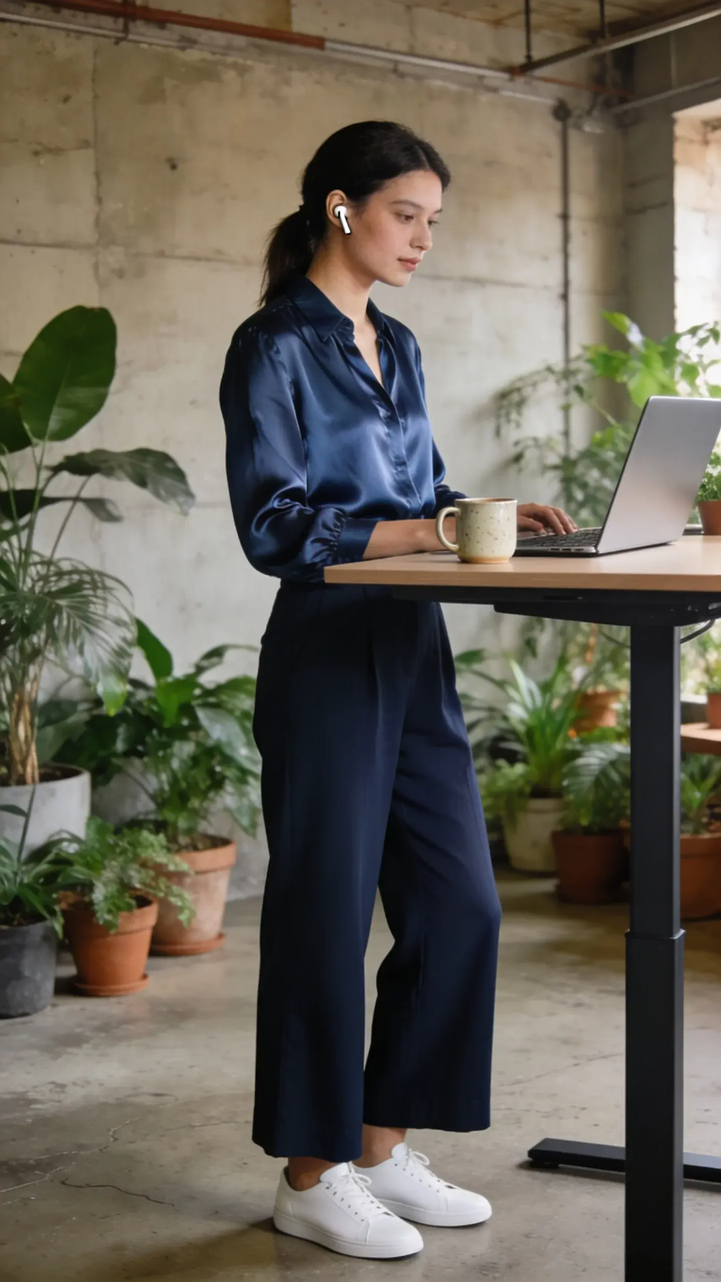 A co-working space with plants and concrete floors; a woman at a standing desk in a slate-blue silky blouse and navy wide-leg pants, white sleek sneakers; wireless earbuds, laptop open, ceramic mug nearby; warm-industrial vibe, soft side lighting, no text.