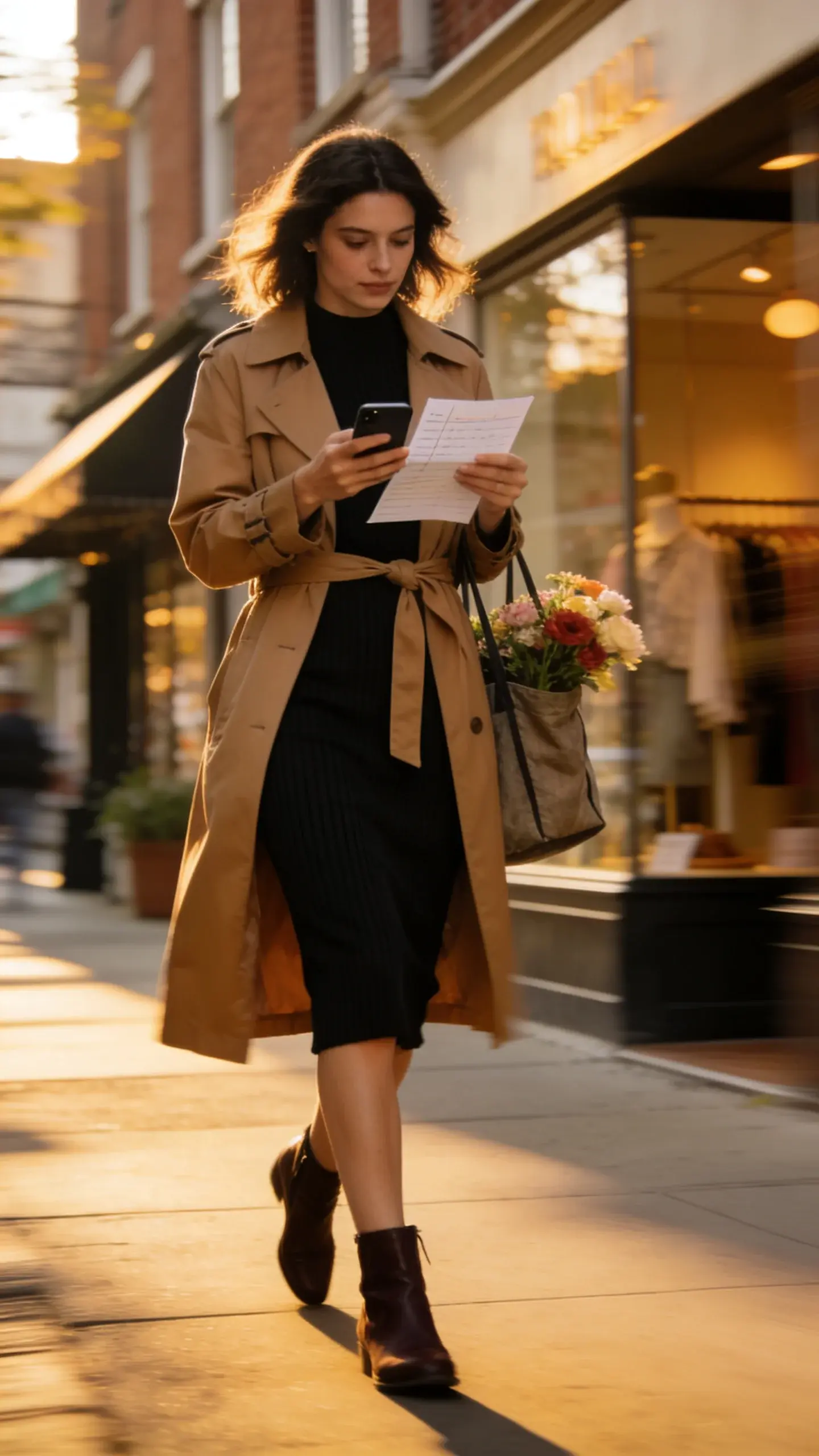 Boutique-lined neighborhood street; a woman handling an errand list on her phone, wearing a black ribbed midi dress, camel trench tied at the waist, dark brown ankle boots, tote with flowers peeking out; golden hour glow, candid motion, no text.
