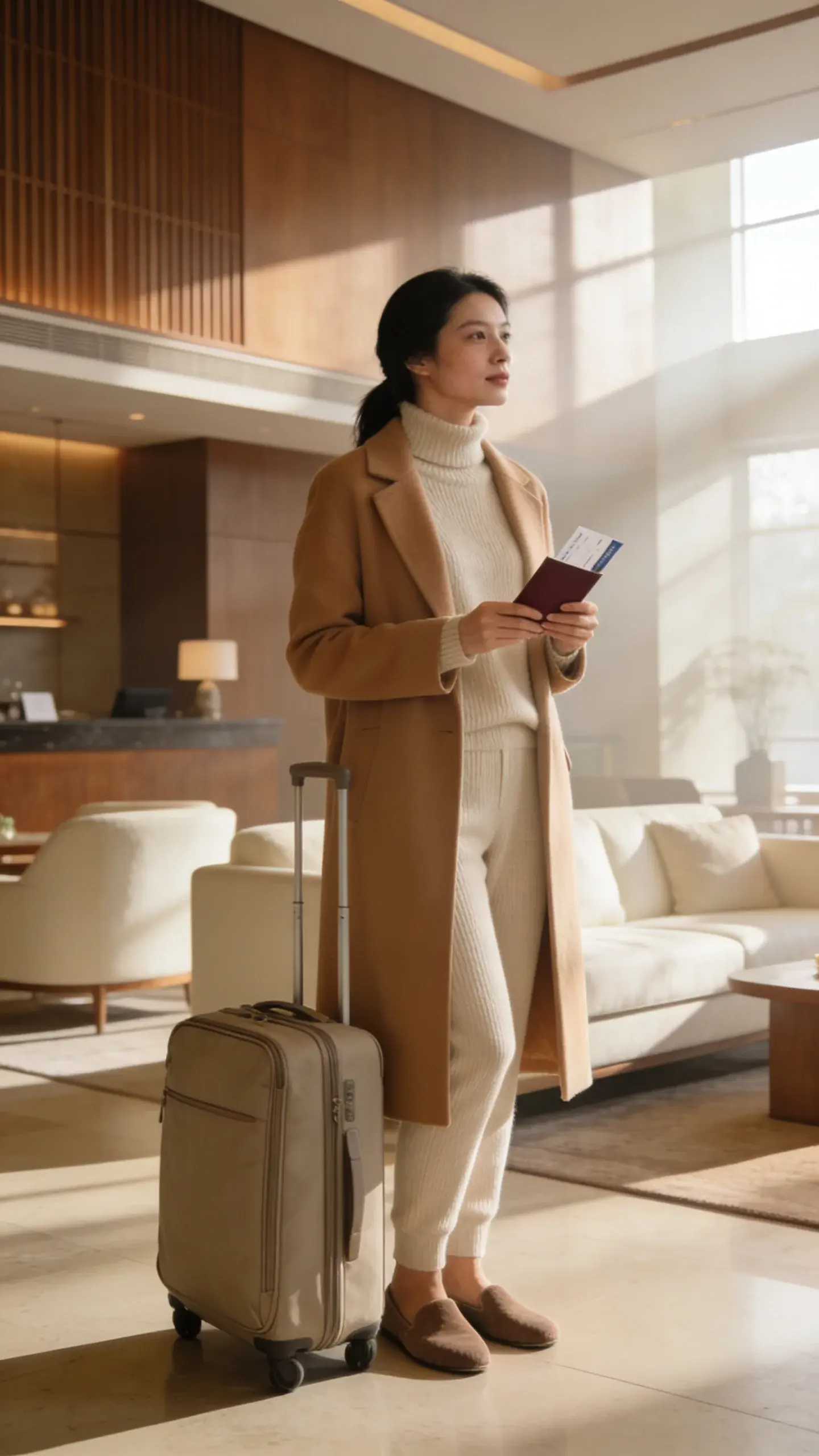 Early-morning hotel lobby before a flight; a woman in a monochrome oatmeal-beige knit set, tailored camel longline coat, taupe suede flats; passport and boarding pass in hand, carry-on by her side; serene palette, quiet luxury feel, no text.