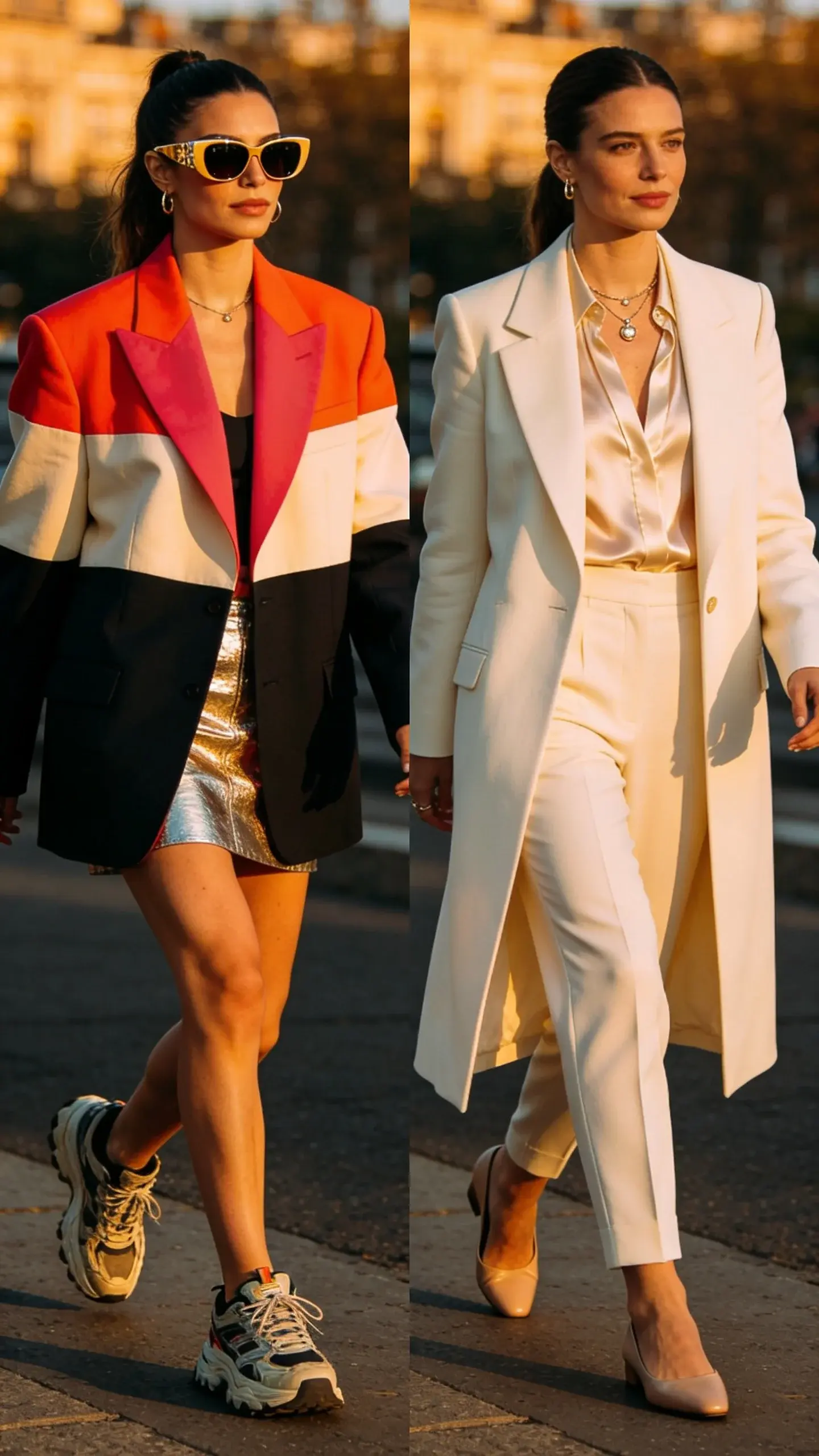 A split-scene city sidewalk: left side shows a vibrant, trend-forward woman in a bold color-blocked oversized blazer, metallic mini skirt, chunky sneakers, and statement sunglasses; right side shows a serene woman in a perfectly tailored ivory coat, silk blouse, tapered trousers, low-heel pumps, and minimal jewelry, both mid-stride at golden hour with soft shadows and a blurred urban backdrop.