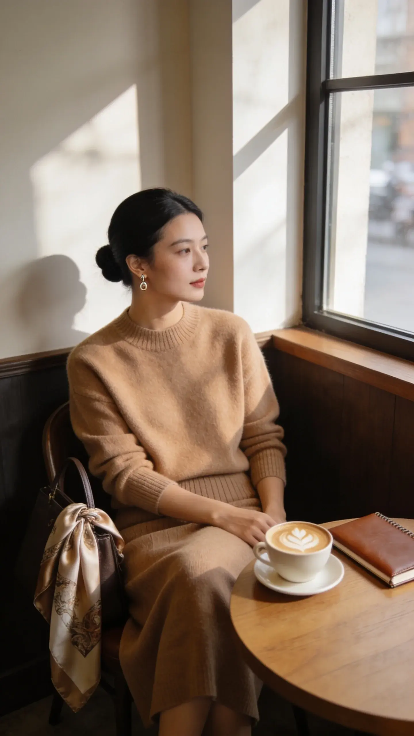 A quiet café corner: an elegant woman seated with relaxed posture, wearing a monochrome camel ensemble (cashmere sweater, midi skirt), delicate earrings, hair in a sleek chignon; a silk scarf draped over her bag, cappuccino and a leather-bound notebook on the table; window light and muted palette.