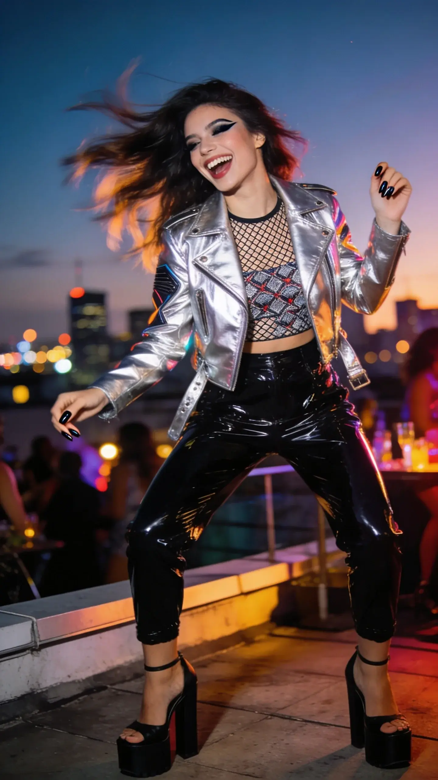 A rooftop party at dusk: a stylish woman laughing in a futuristic silver moto jacket, patterned mesh top, vinyl pants, and platform heels; dramatic eyeliner and bold manicure; skyline bokeh lights in the background, wind lifting her hair, dynamic pose.