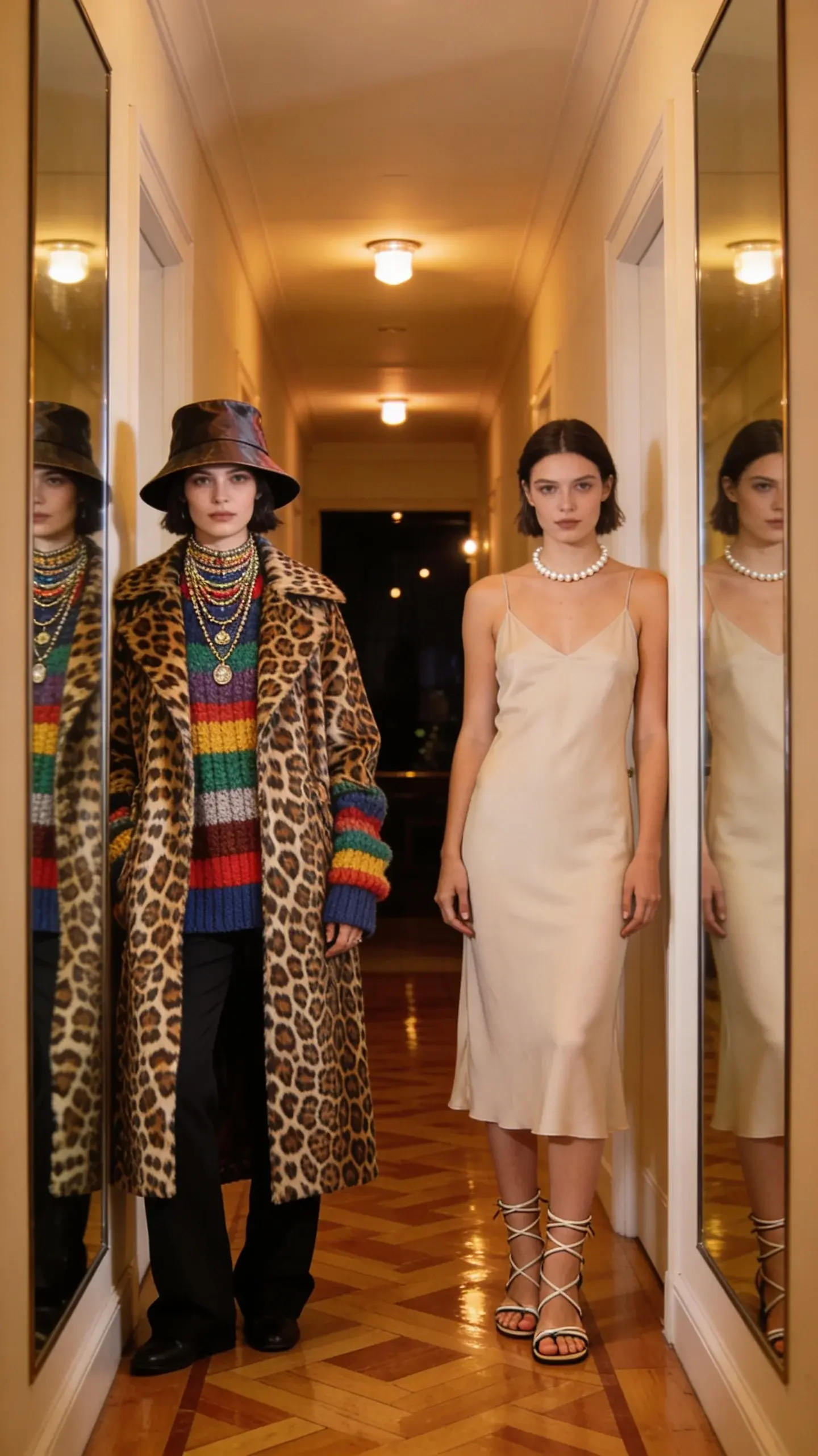 A hallway mirror moment: same woman depicted in two frames—left in a maximalist layered look (animal print coat, colorful knit, stacked necklaces, bucket hat); right in a minimal evening look (slip dress, single strand pearl, strappy sandals); consistent lighting, polished parquet floor, tall mirror reflection.