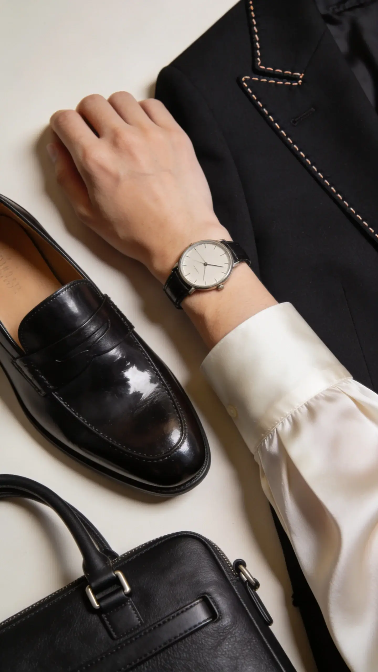 A detail study of quality and restraint: macro shots arranged as a single composition—hand-stitched blazer lapel, clean leather loafer with subtle shine, fine watch on bare wrist, neatly pressed silk cuff, and a structured handbag with quiet hardware; neutral background and soft directional light.