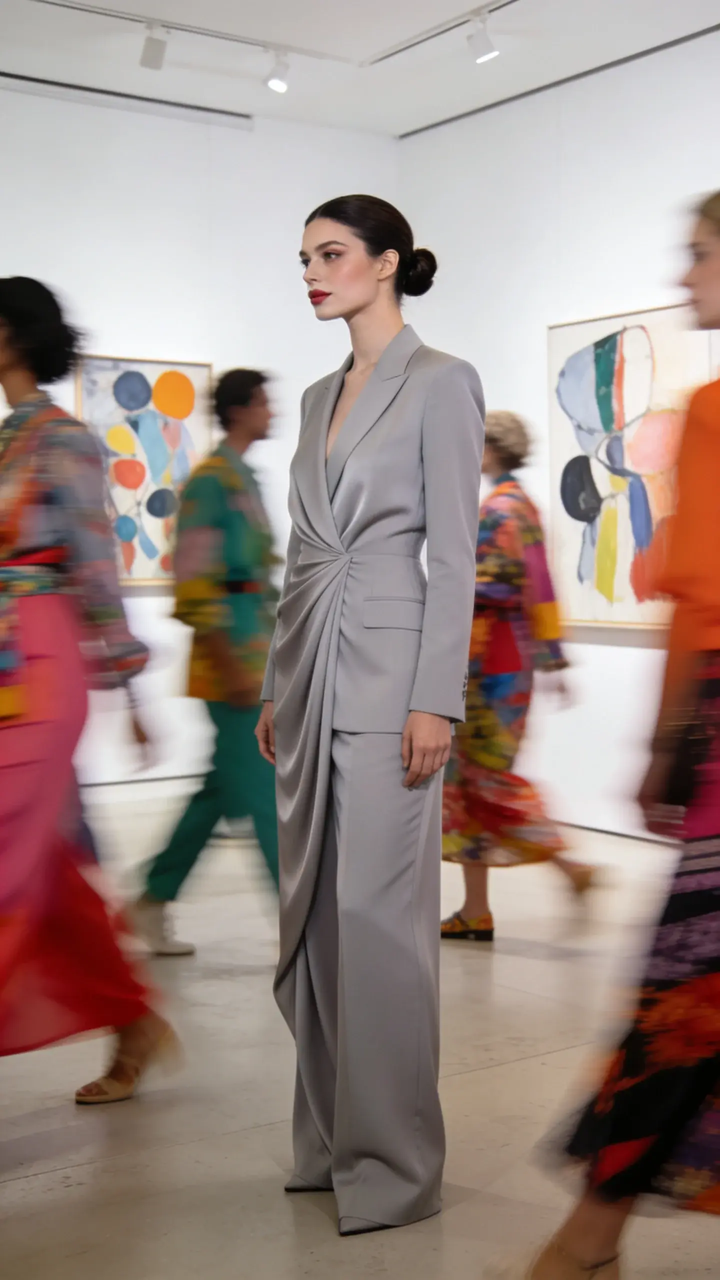 A gallery opening scene: an elegant woman standing with poised stillness, wearing a dove gray pantsuit with perfect drape, low bun, soft makeup; people in colorful, eclectic outfits moving around her in slight motion blur; abstract art on white walls.