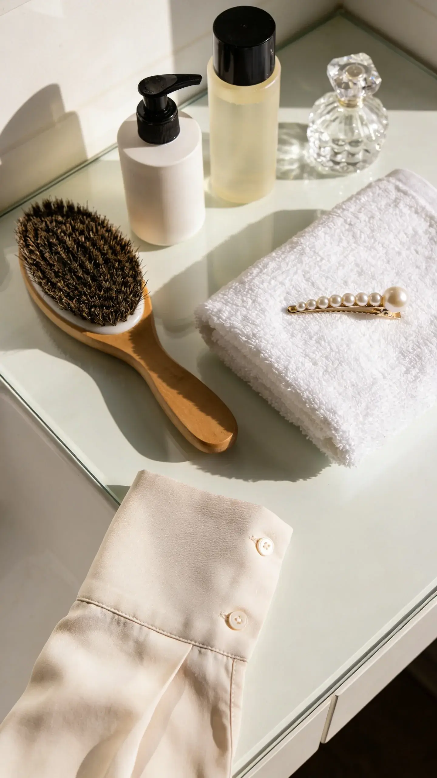 A morning routine vignette: vanity top with natural light; items arranged with intention—boar-bristle brush, minimalist skincare bottles, pearl hairpin, fresh white hand towel, small crystal perfume flacon; hint of a neatly pressed blouse sleeve entering the frame.