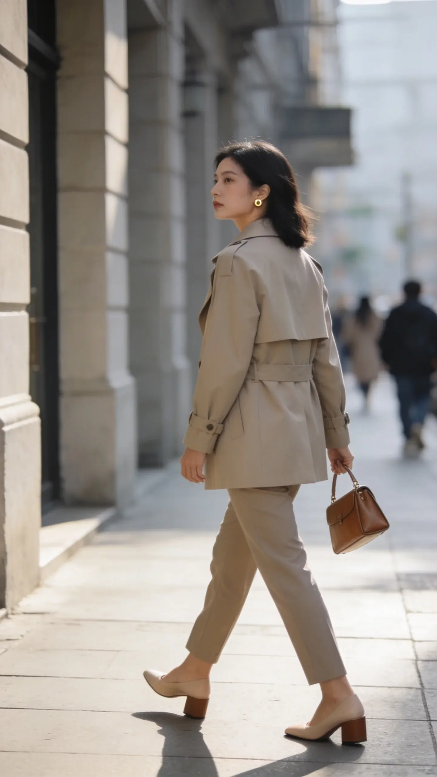 A candid street scene of a woman in her late 20s walking down a sunlit city sidewalk with smooth, steady strides; shoulders back, chin neutral, eyes looking forward; minimalist neutral outfit (tailored trench, slim trousers, low block heels), simple gold stud earrings; hands relaxed at her sides, one holding a small structured leather tote; blurred pedestrians around her; soft morning light, muted color palette, no visible logos.