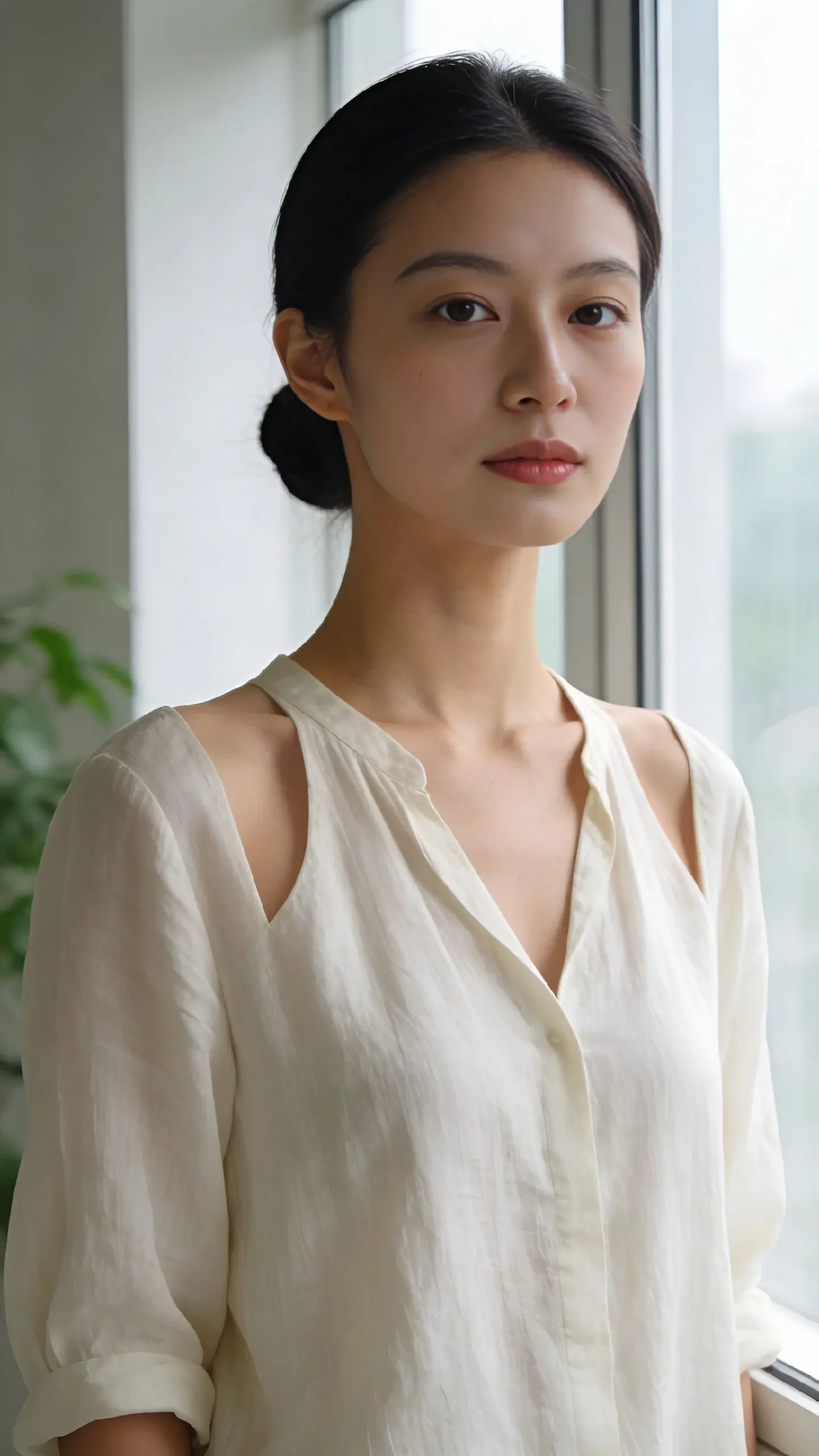 Close-up, waist-up portrait indoors by a large window: a woman standing tall with gentle, upright posture; shoulders open, neck long, head level; she holds eye contact with the camera a beat longer than usual; calm expression, minimal makeup, tidy low bun; subtle linen blouse in cream; natural daylight creating soft contrast; uncluttered background with a hint of greenery.