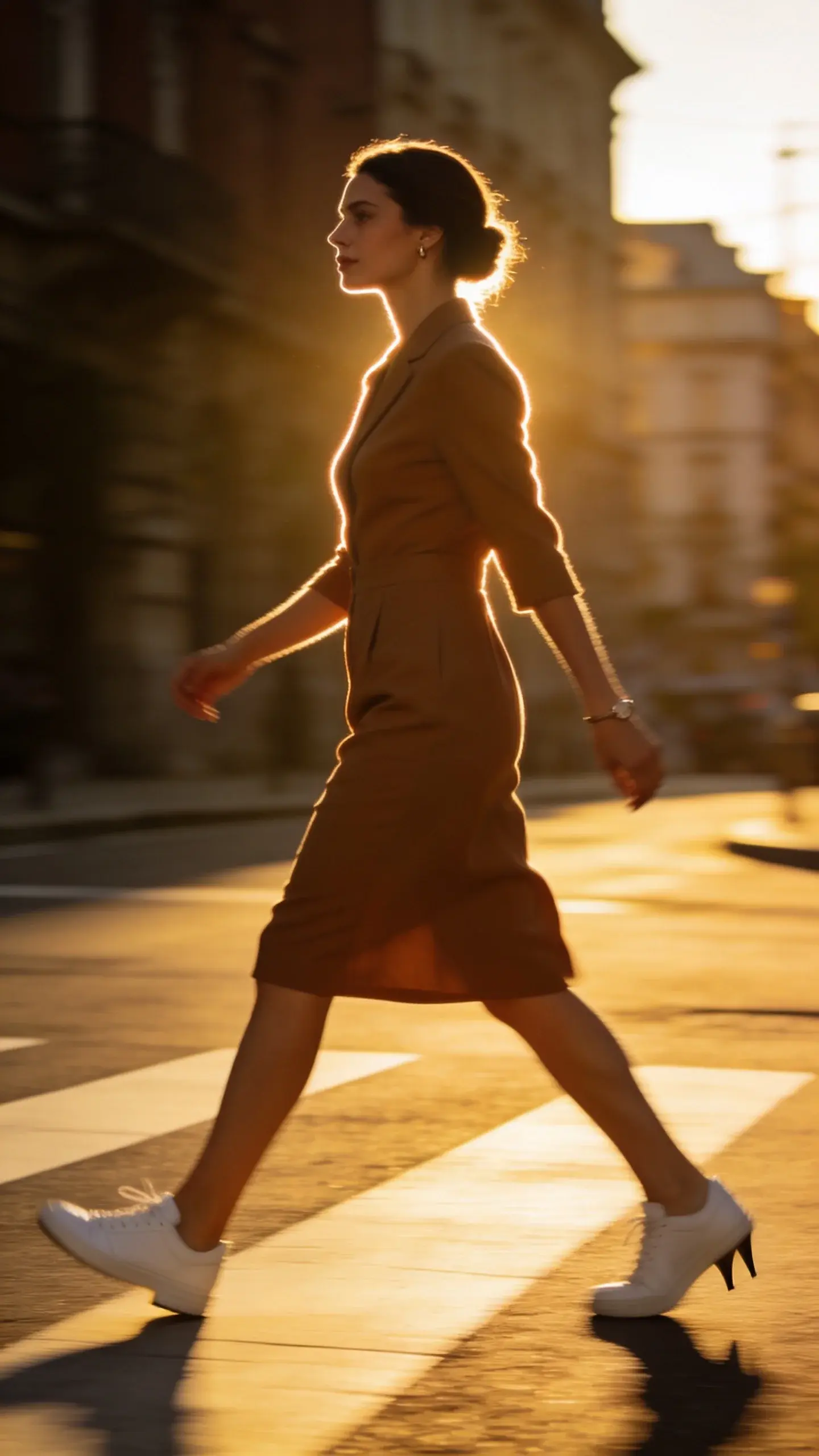 Side profile in motion on a crosswalk at golden hour: the woman walks with purposeful cadence, heel-to-toe, arms swinging minimally; tailored midi dress in a solid, earthy color, clean white sneakers; hair tucked behind ears; minimal jewelry; sunlight creating a crisp rim light; city architecture softly out of focus.