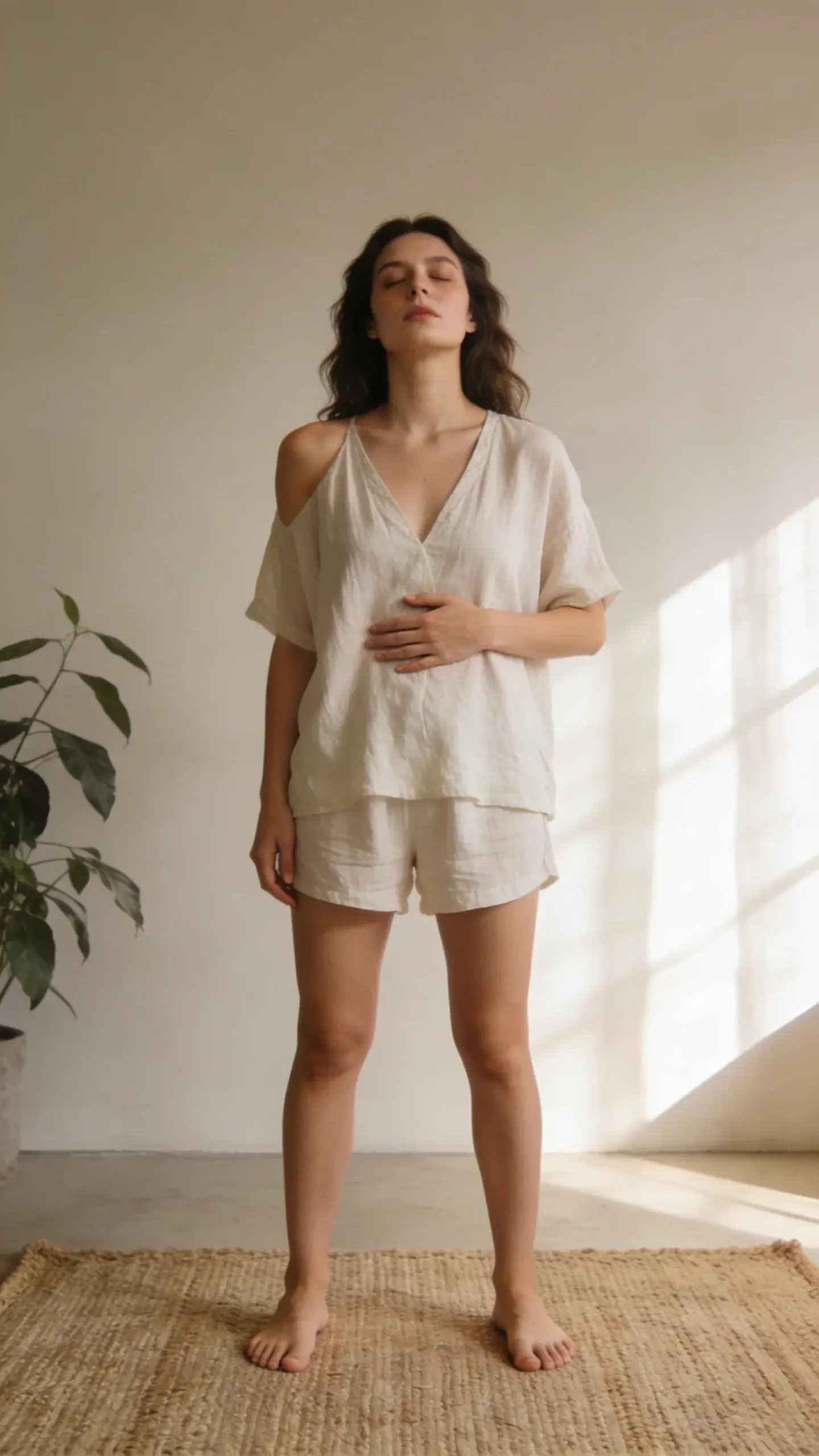 Intimate indoor moment of a 10-second reset: a woman standing barefoot on a woven rug, feet hip-width, knees soft, core lightly engaged; one hand gently on her lower ribs as she takes a deep breath; shoulders relax down; serene morning light from a nearby window; simple, airy lounge set; plant and neutral wall in the background.