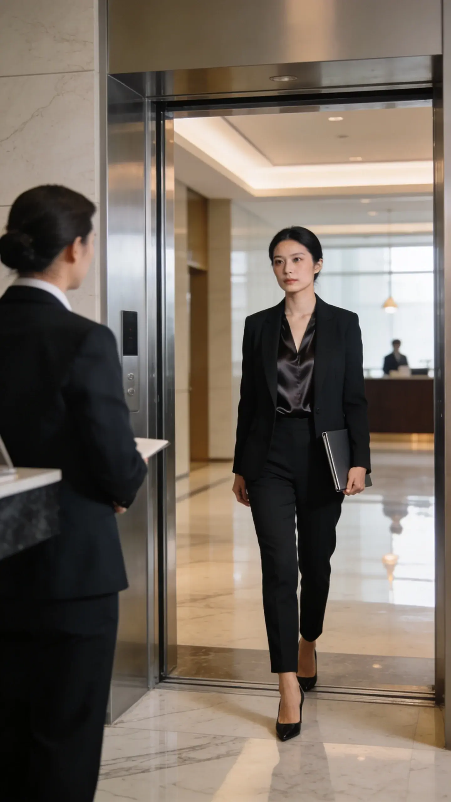 Corporate lobby setting: a woman exiting an elevator with grounded calm; straight posture, chin neutral, measured stride; simple black blazer over a silk shell, tailored trousers, low heels; she makes brief, confident eye contact with a passing receptionist; hands still—one holding a slim portfolio; marble floors, soft reflections.