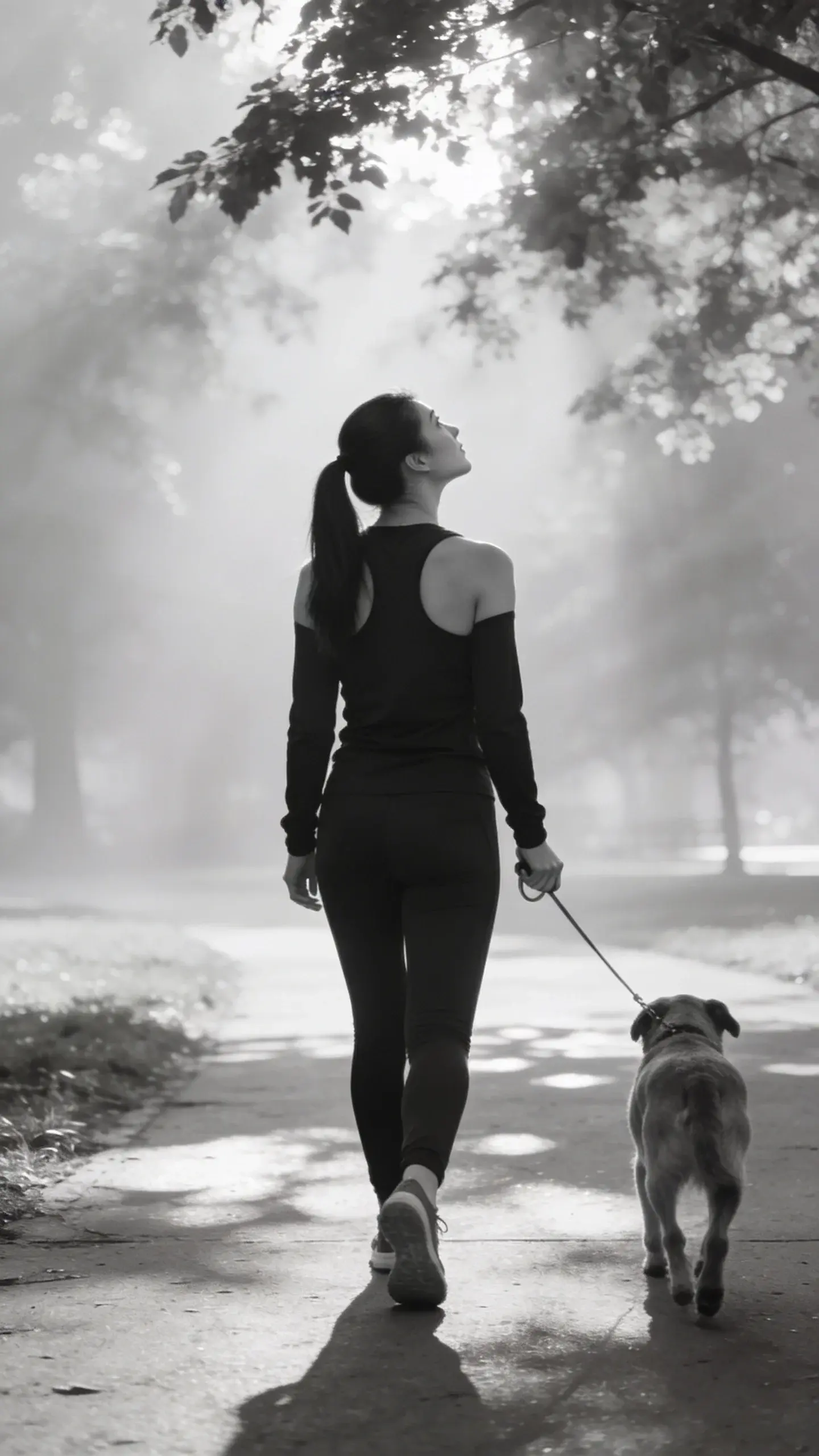 Park pathway scene: a woman walking her dog at an unhurried, intentional pace; shoulders back, gaze lifted to the trees; monochrome athleisure set, sleek ponytail; hands steady on a minimalist leash, no phone in sight; early morning mist, dappled sunlight through leaves; calm, grounded atmosphere.