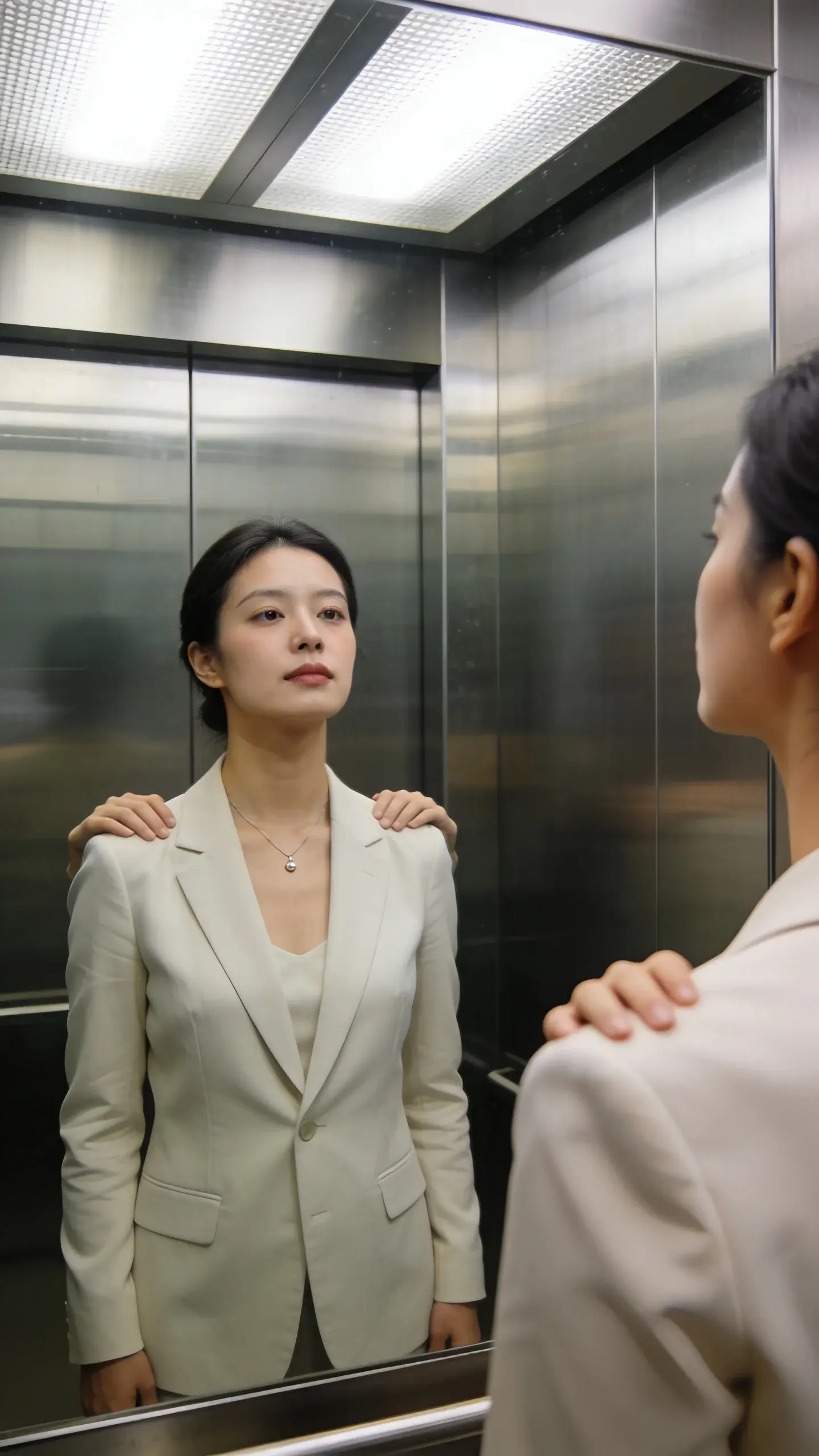 Elevator mirror reflection: the woman adjusts her posture—rolls shoulders back, lengthens neck—then rests her arms at her sides, hands quiet; clean, neutral blazer, delicate necklace; calm, focused eyes meet her reflection for a beat; brushed metal walls, soft overhead light, no branding.