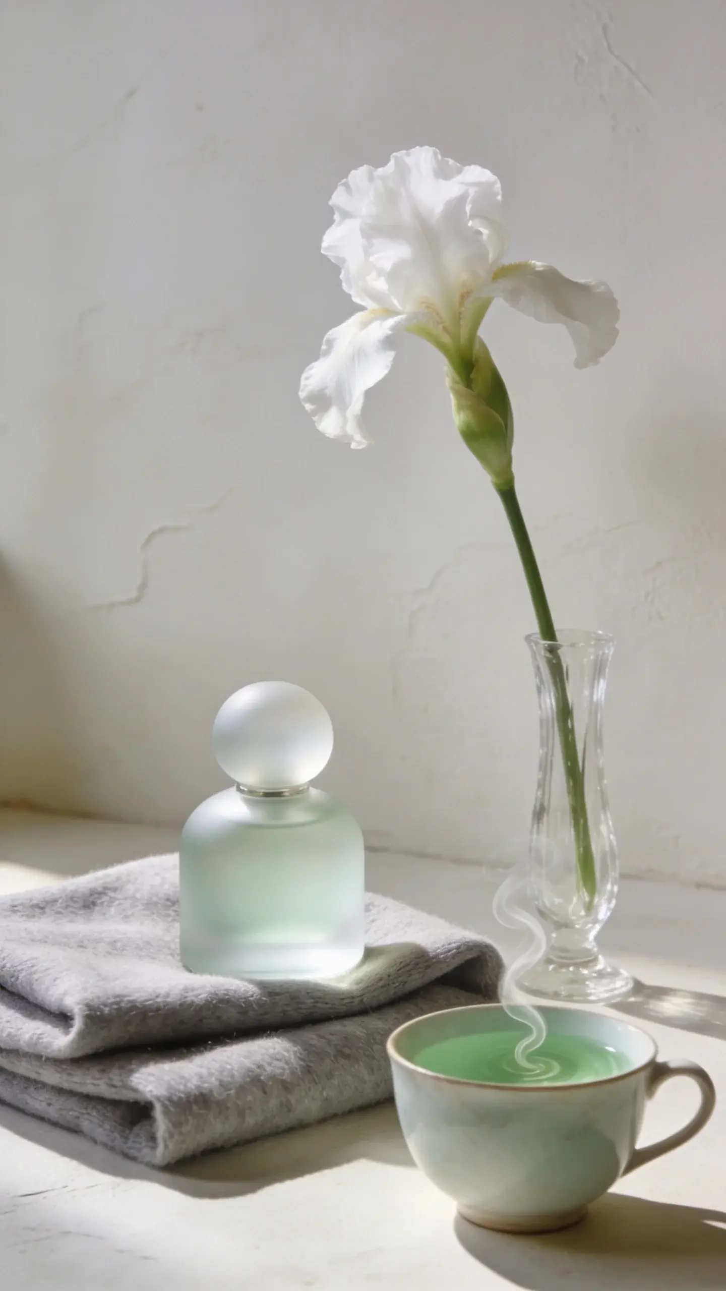 A minimalist vanity scene in soft morning light: a frosted glass perfume flacon with rounded shoulders and no label, resting on folded dove-gray cashmere; a porcelain teacup with pale green tea steam curling upward; a single white iris stem in a slim crystal bud vase; background is an off-white plaster wall with subtle texture; neutral color palette, shallow depth of field, no text.