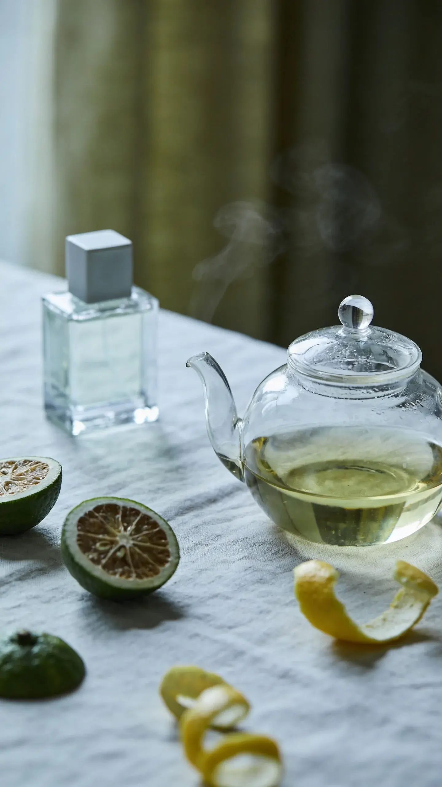 A serene still life on a linen-covered table: sliced bergamot and lemon peels arranged sparsely, a clear glass teapot with pale tea, wisps of steam catching the light; a simple, square, clear perfume bottle with a matte cap; background blur of muted olive curtains; cool, refined color grading; no text.