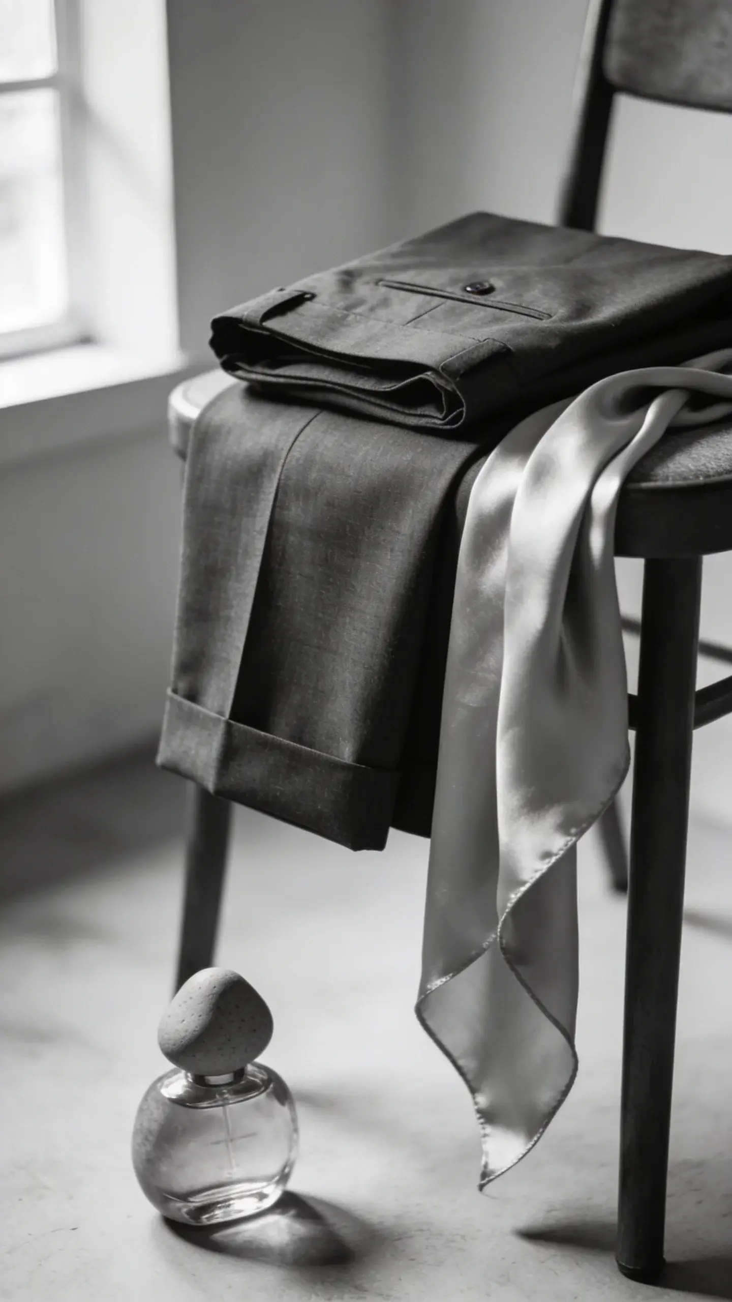 Monochrome scene of tailored charcoal trousers folded precisely on a chair, with a pearl-grey silk scarf slipping off the edge; a matte, pebble-shaped perfume bottle in soft focus nearby; gentle window light, soft shadows, emphasis on texture and restraint; no logos or text.