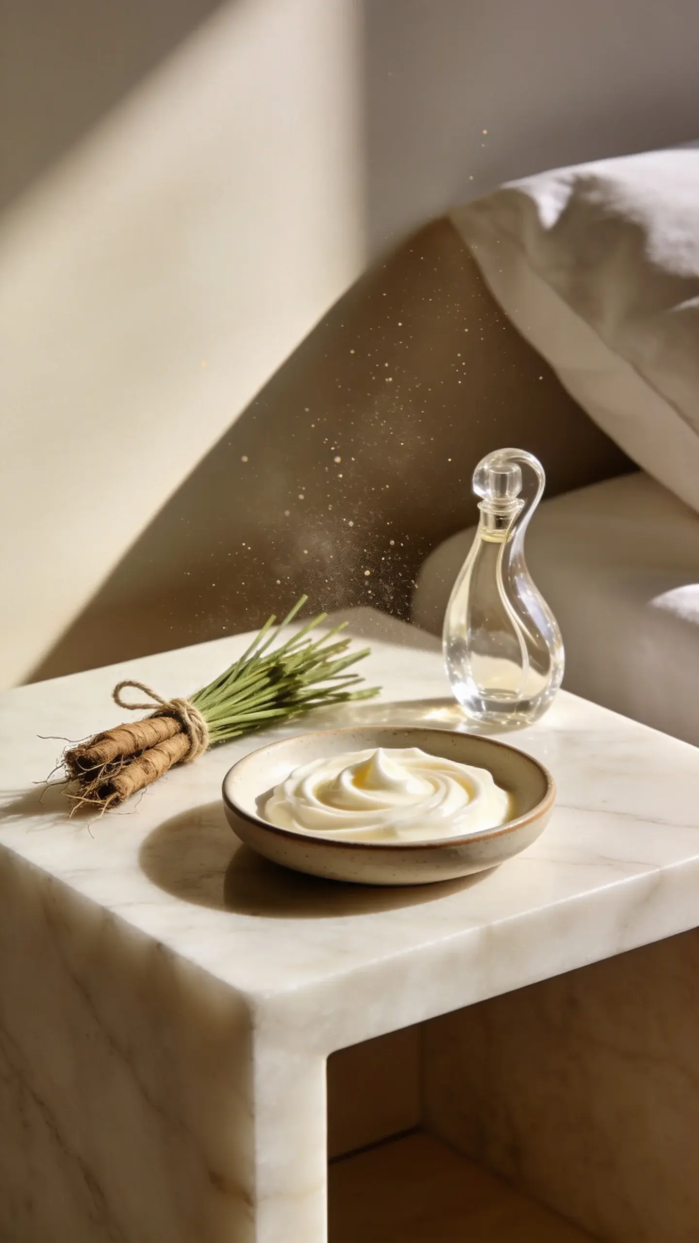 A minimalist bedroom vignette: alabaster nightstand, a single sprig of vetiver roots tied with twine, a low, round ceramic dish with orris butter-inspired ivory cream swirls, and a subtly curved crystal perfume bottle; sunlit dust motes, warm neutral palette; ultra-clean composition, no text.