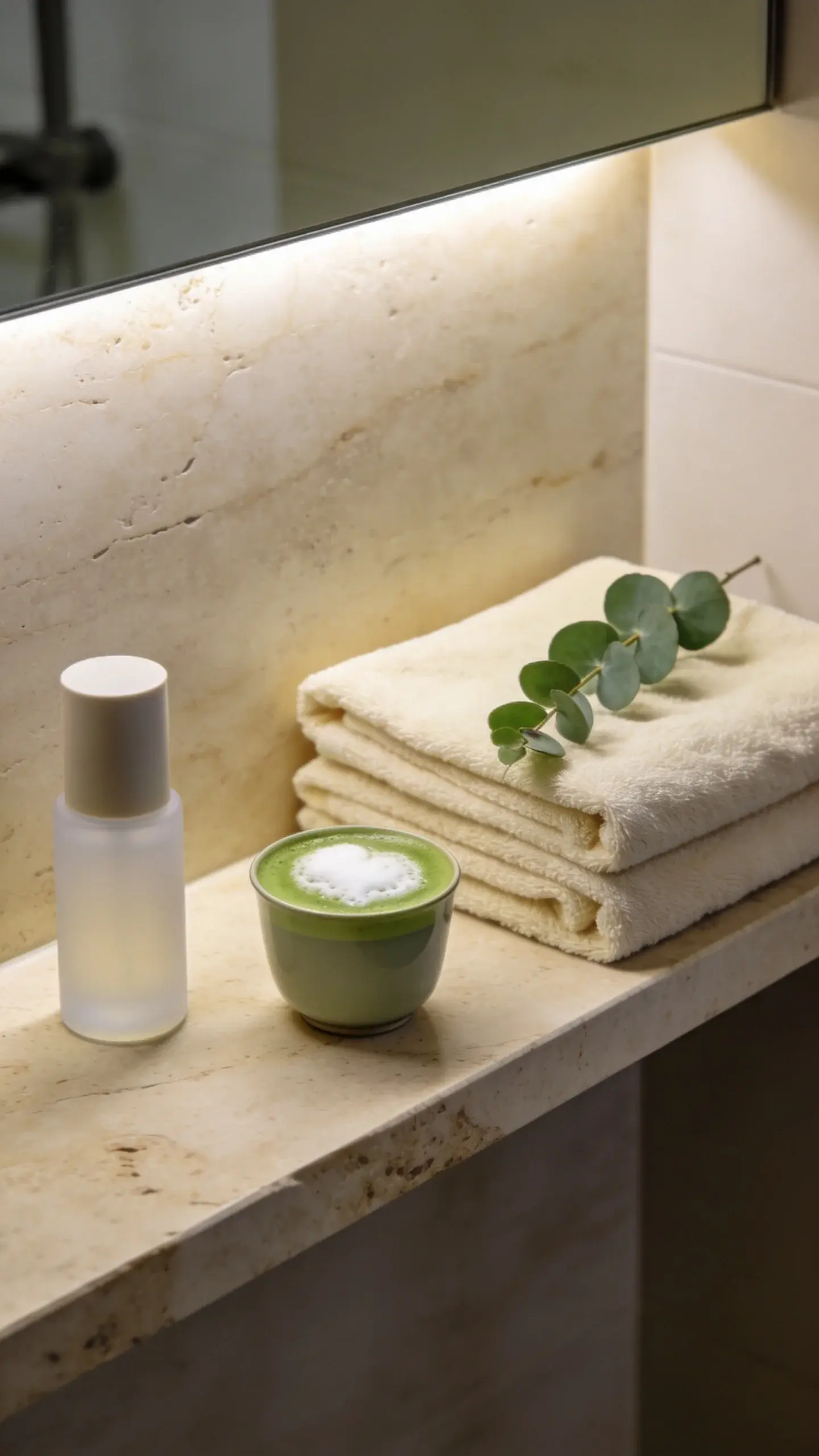 A modern bathroom shelf in travertine stone: neatly stacked ecru towels, a small cup of matcha with foam art, a cylindrical frosted perfume atomizer; eucalyptus sprig for a refined green accent; soft, indirect light; muted, earthy palette; no text or labels.