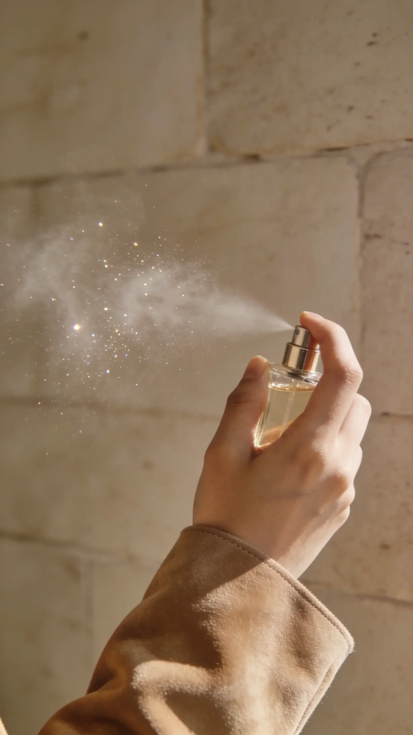 A low-contrast portrait of a hand in a camel suede sleeve misting a fine veil of perfume; the spray catches the light like mist over cashmere; background is an unadorned limestone wall; colors in warm neutrals; elegant, understated framing; no text.