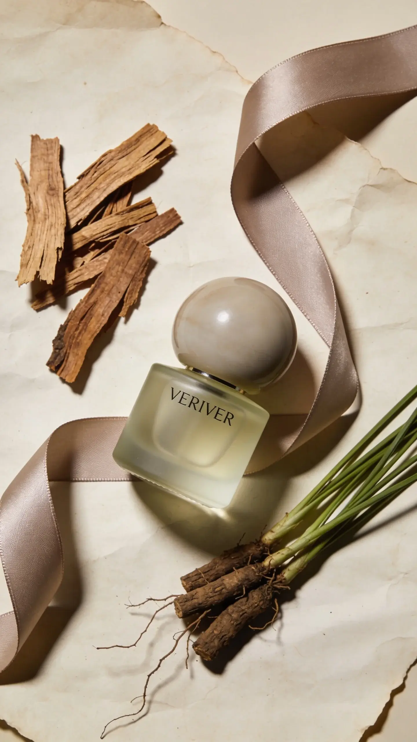 An intimate flat lay on parchment-toned paper: sandalwood shavings, vetiver roots, a silk ribbon, and a compact, rounded perfume bottle made of semi-opaque glass; subtle shadow play, restrained composition, palette of taupe, ivory, and soft olive; no branding or text.