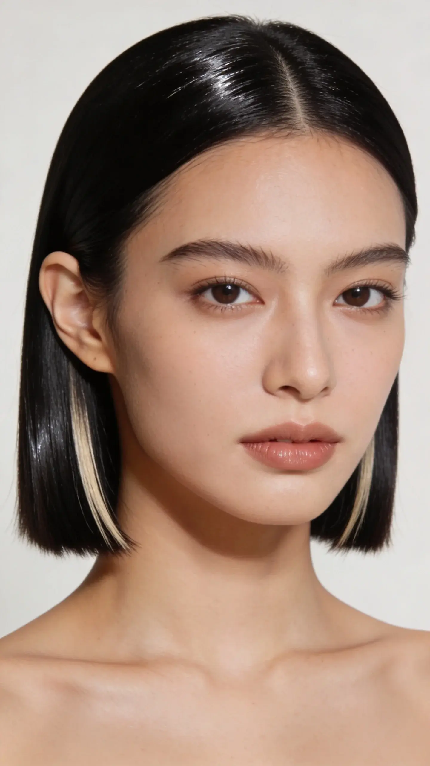 Close-up portrait of a woman with a sleek, blunt collarbone-length bob, center part, glassy shine, razor-sharp ends, subtle tucked-behind-one-ear styling; neutral studio background, soft diffused lighting emphasizing precision lines and healthy ends. No text.