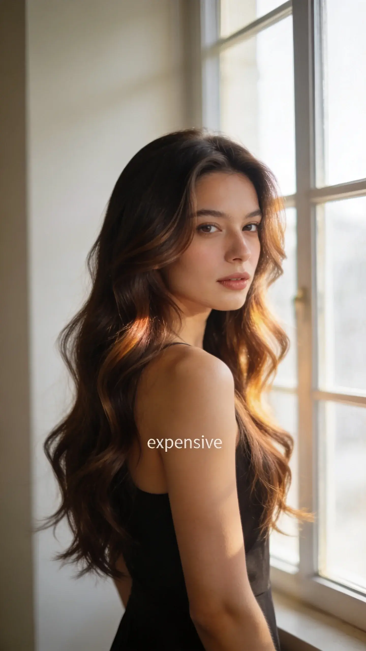 Three-quarter view of long hair with invisible long layers and polished face-framing pieces that start at cheekbones; soft S-shaped movement through the lengths, no visible choppiness; warm brunette with subtle tonal dimension; natural daylight by a window for an “expensive” soft glow.