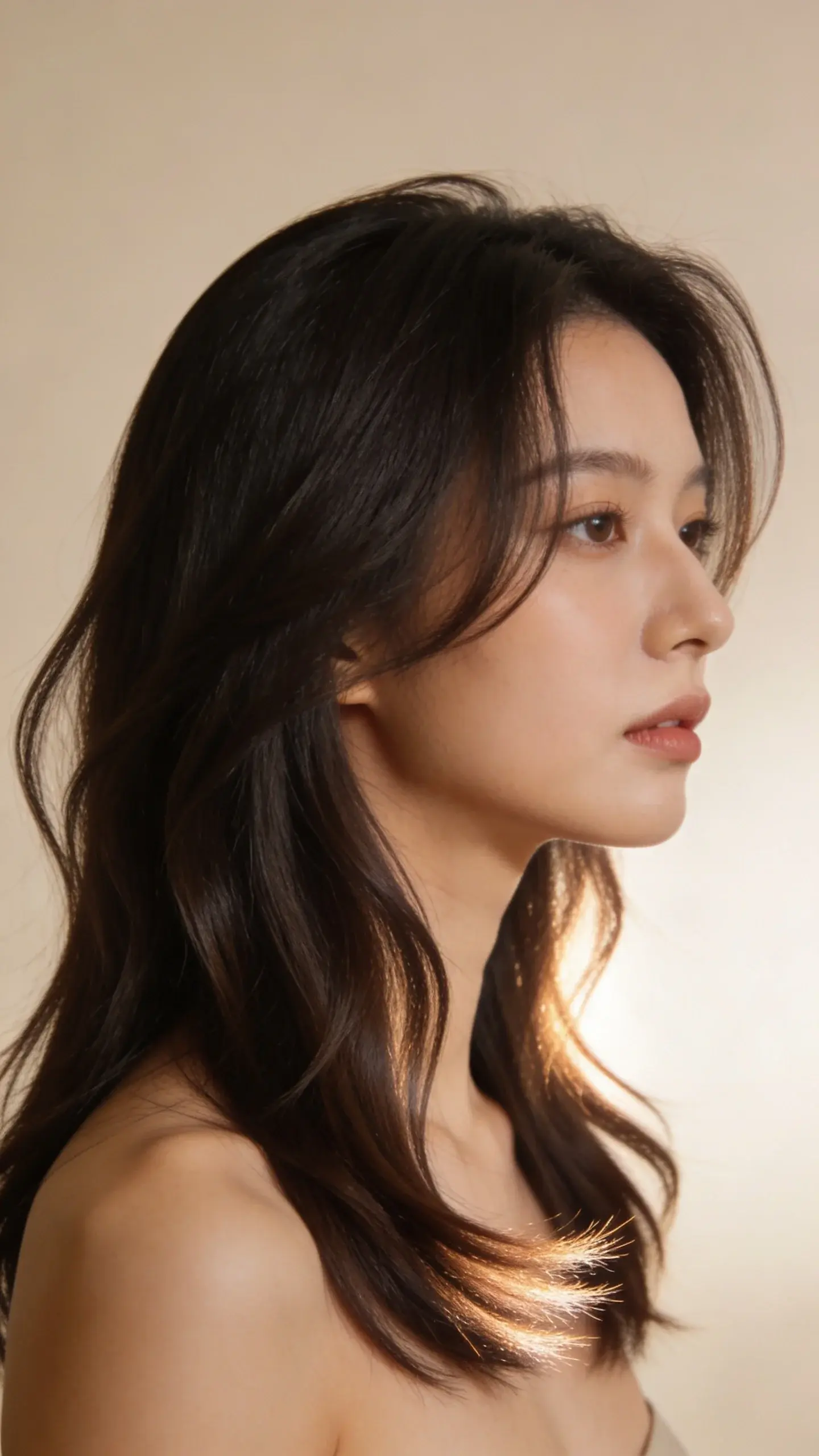Profile shot of a modern long-layered cut with internal layering for movement; ends look freshly dusted, zero frizz; hair air-dried with a light bend; minimalist beige background and gentle backlight to show healthy, sealed cuticles.