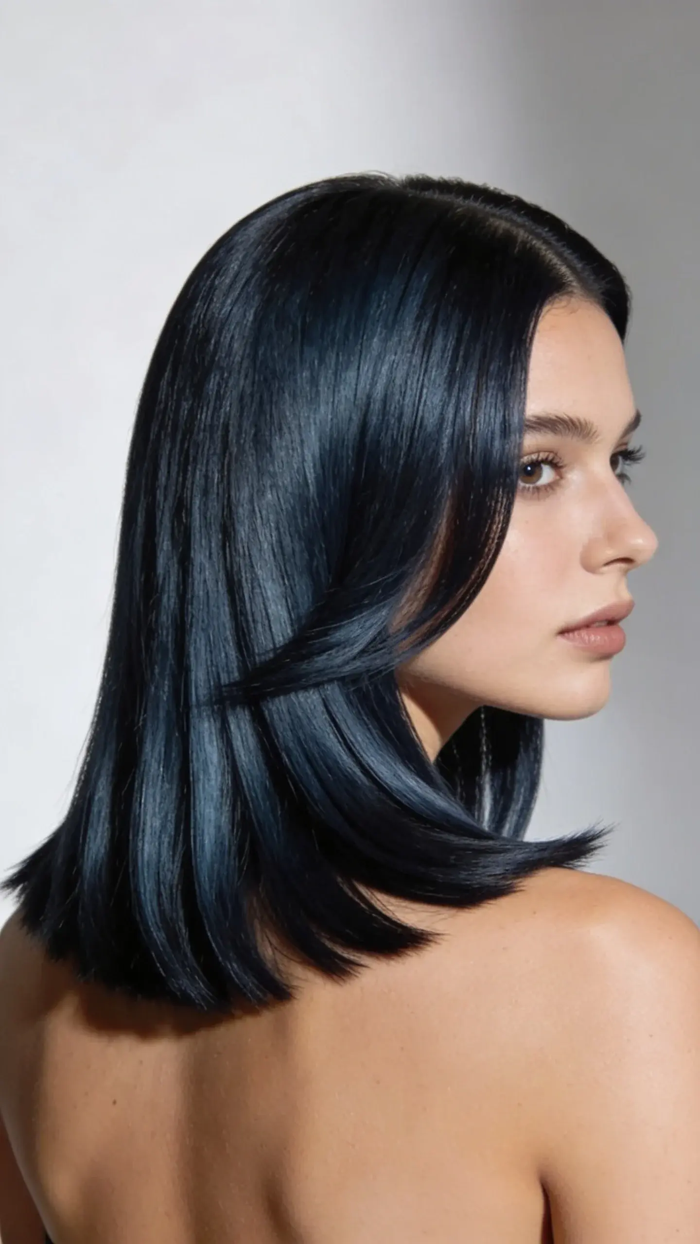 Over-the-shoulder shot of a shoulder-length lob with beveled ends and micro-face-framing; side part, understated volume at the crown; cool dark hair with silky finish; crisp studio light to accent clean architecture and proportion.