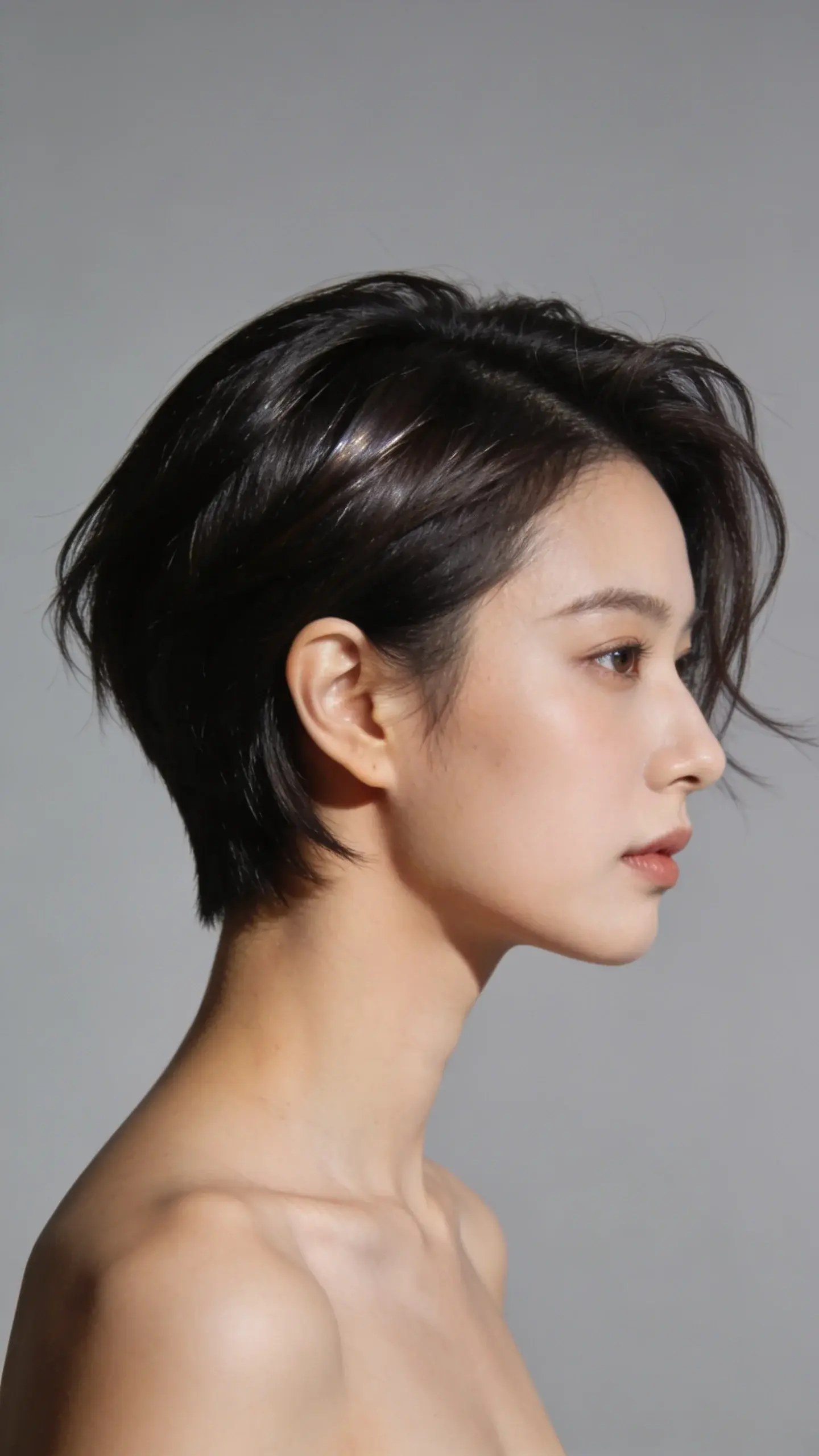 Close-up of a precision pixie cut with soft, tailored edges around the ears and nape; longer, airy top for movement; natural dark hair with satin sheen; neutral gray backdrop, directional lighting that highlights craftsmanship and polish.
